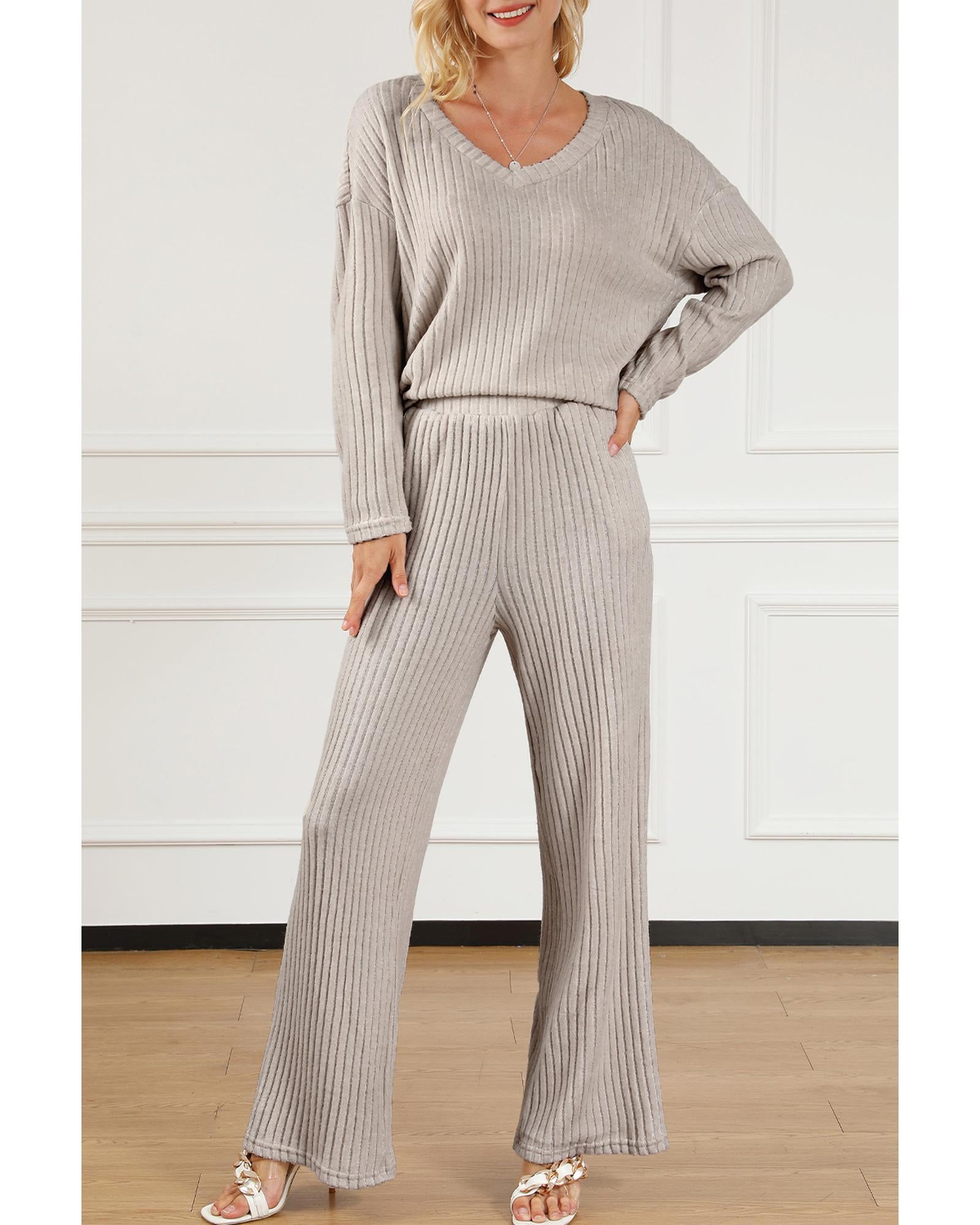 Khaki Ribbed Knit V Neck Slouchy Two-piece Outfit - S
