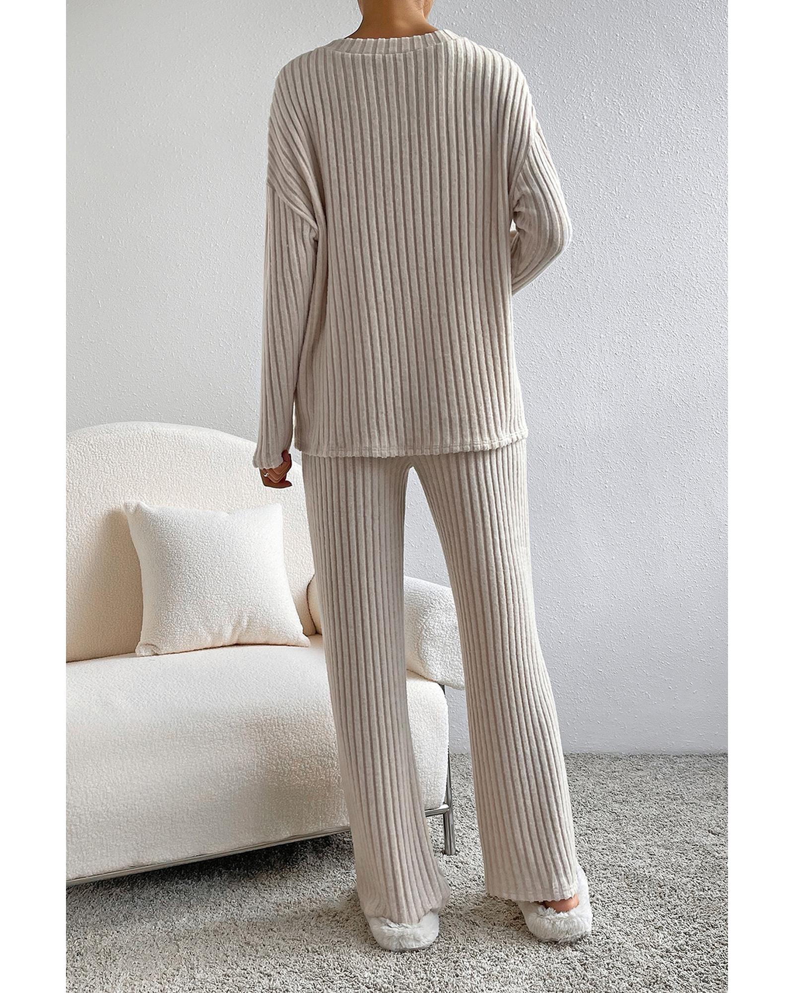 Khaki Ribbed Knit V Neck Slouchy Two-piece Outfit - S