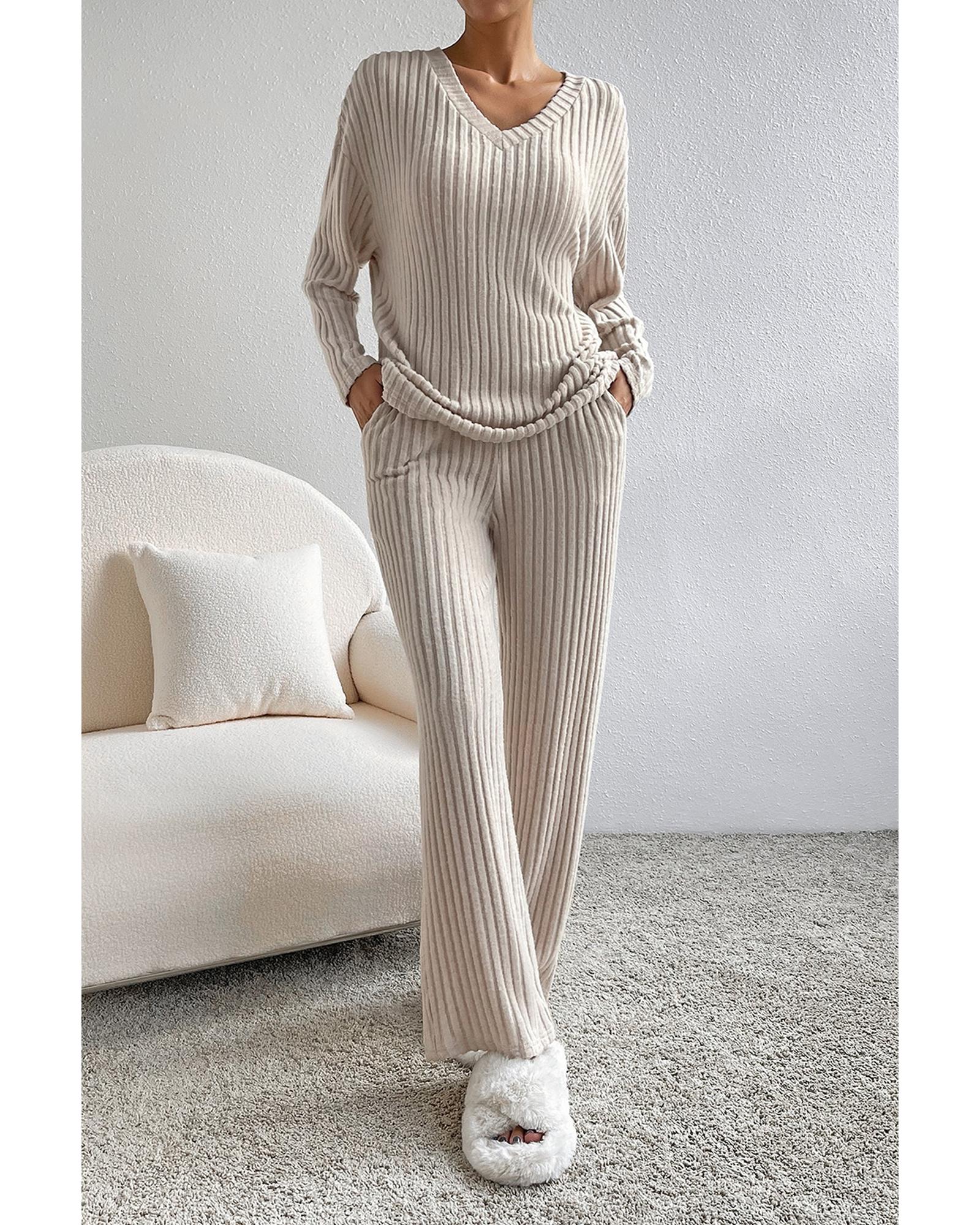 Khaki Ribbed Knit V Neck Slouchy Two-piece Outfit - S