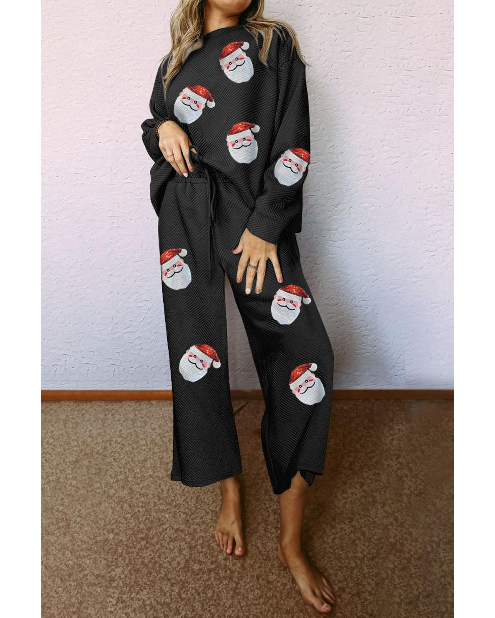 Black Christmas Sequined Santa Clause Print Textured Pants Set - M