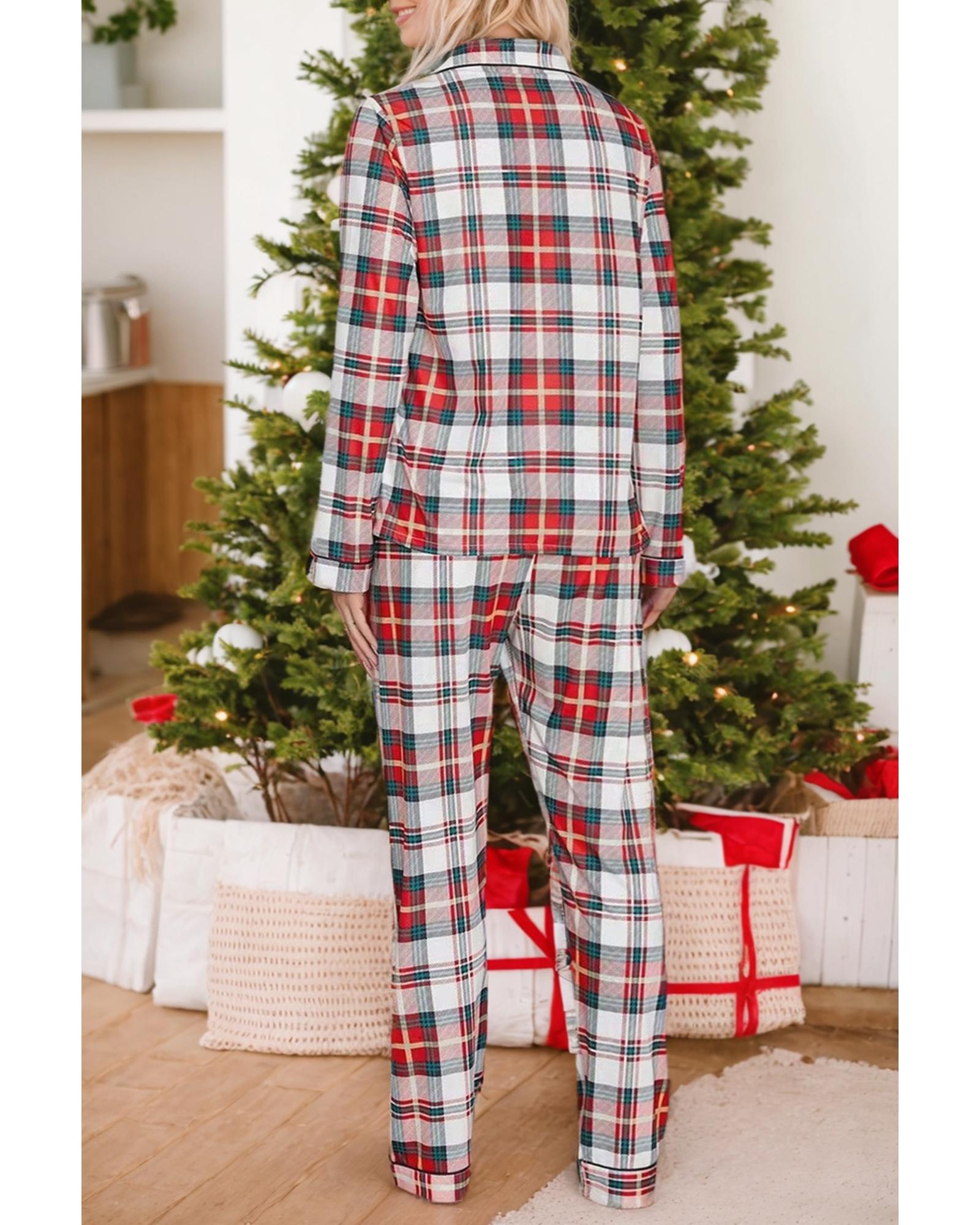 Red Christmas Plaid Print Two Piece Long Sleeve Pajamas Set - XL
