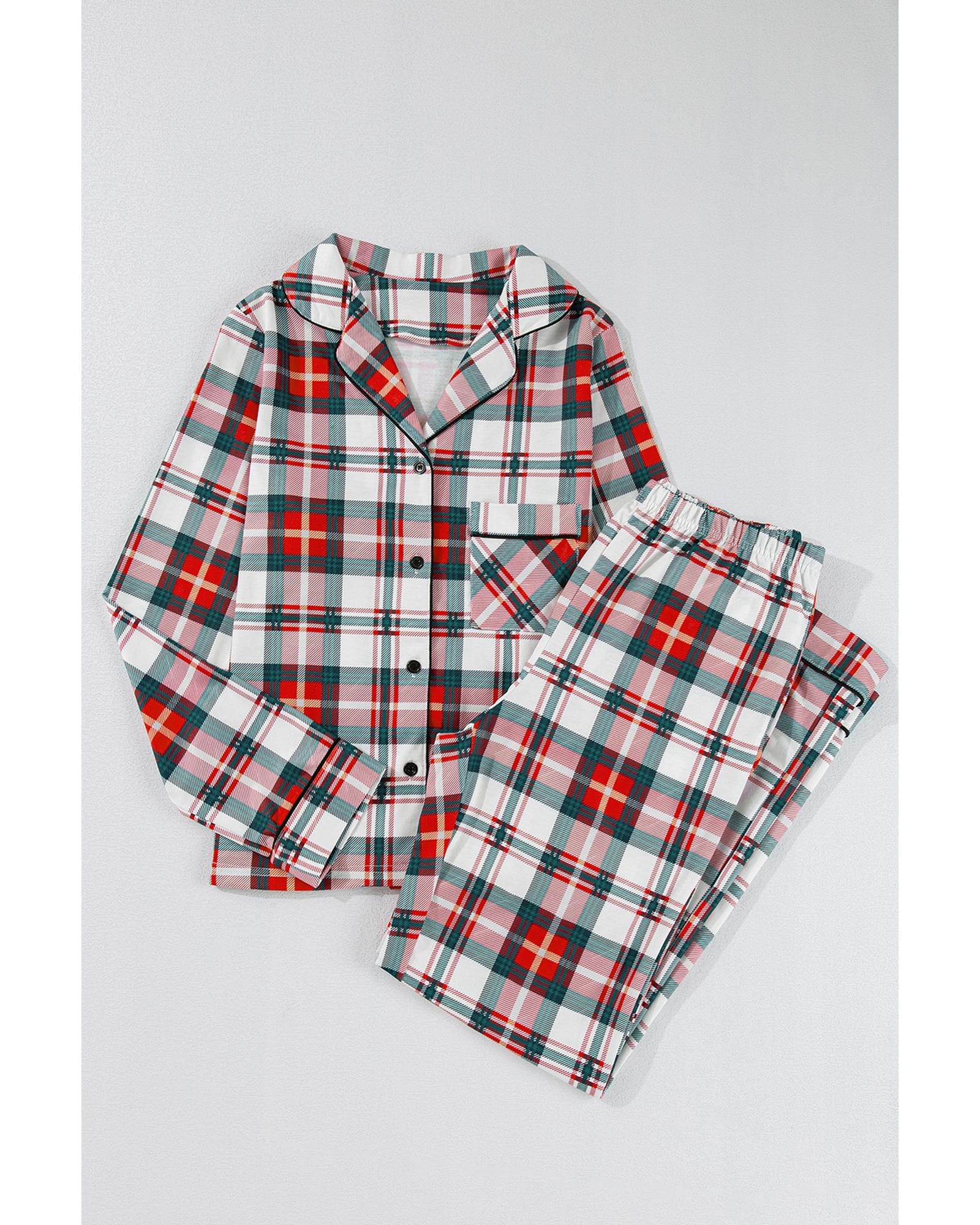 Red Christmas Plaid Print Two Piece Long Sleeve Pajamas Set - XL