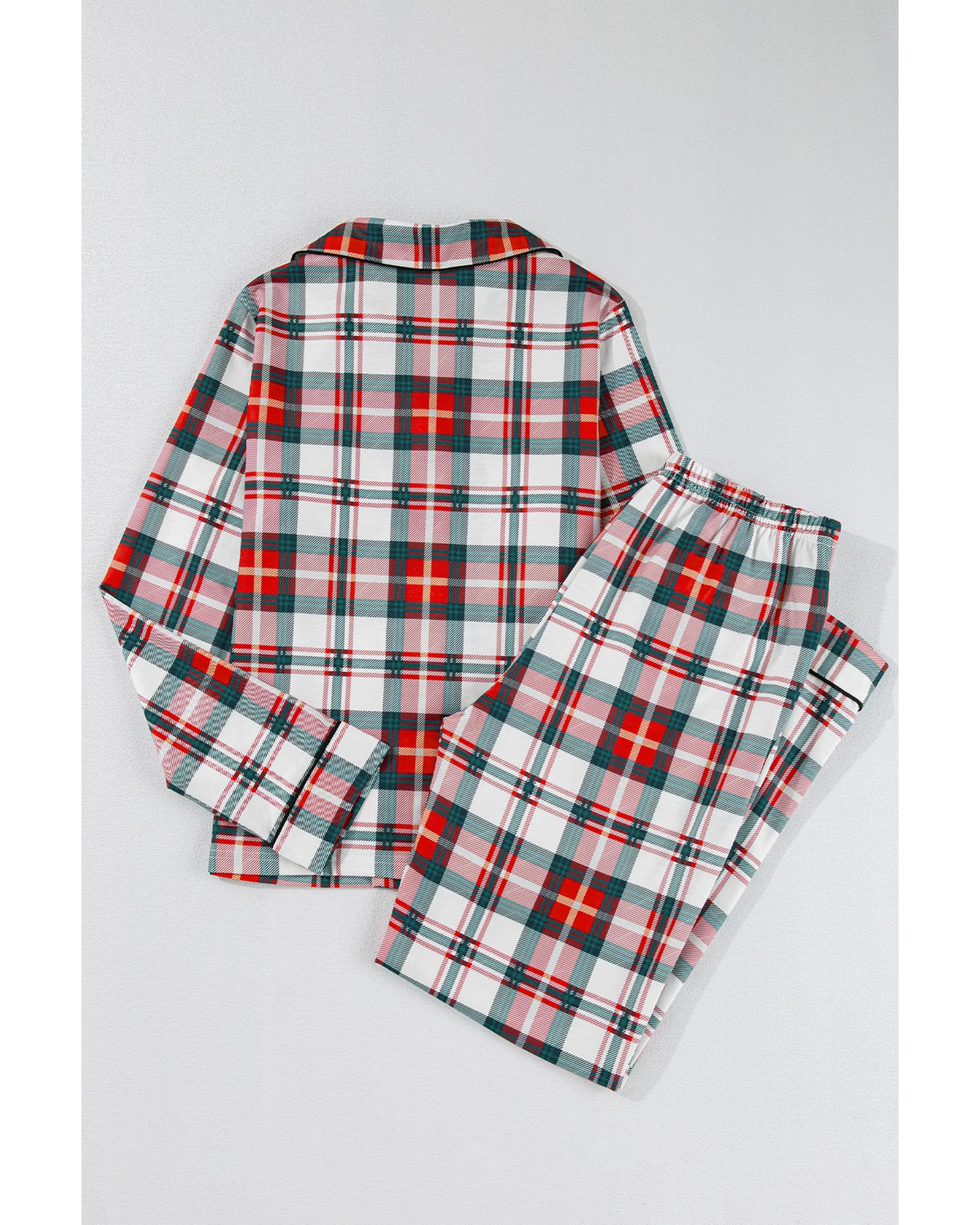 Red Christmas Plaid Print Two Piece Long Sleeve Pajamas Set - XL