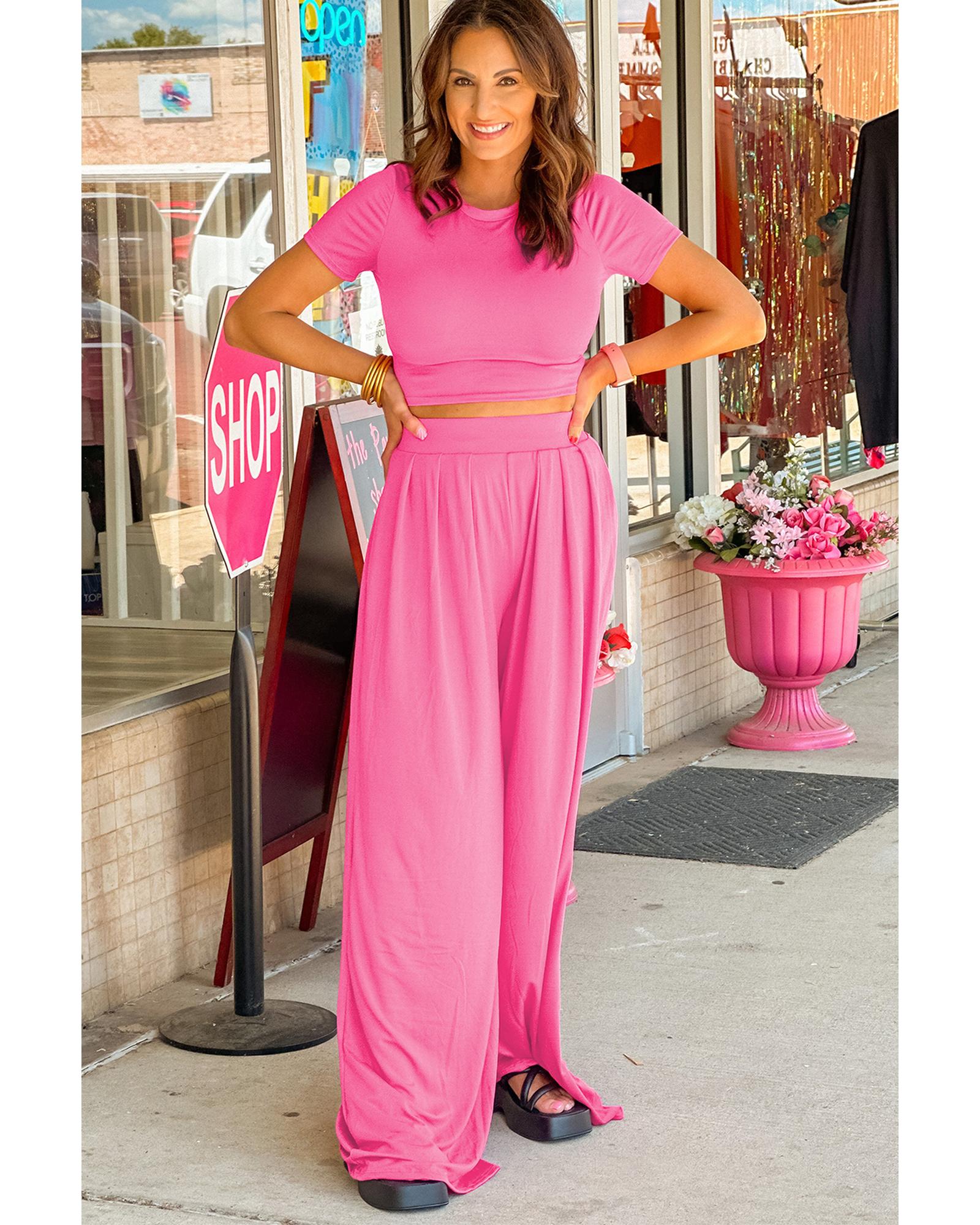 Strawberry Pink Slim Fit Crop Top and Pleated Wide Leg Pants Set - L