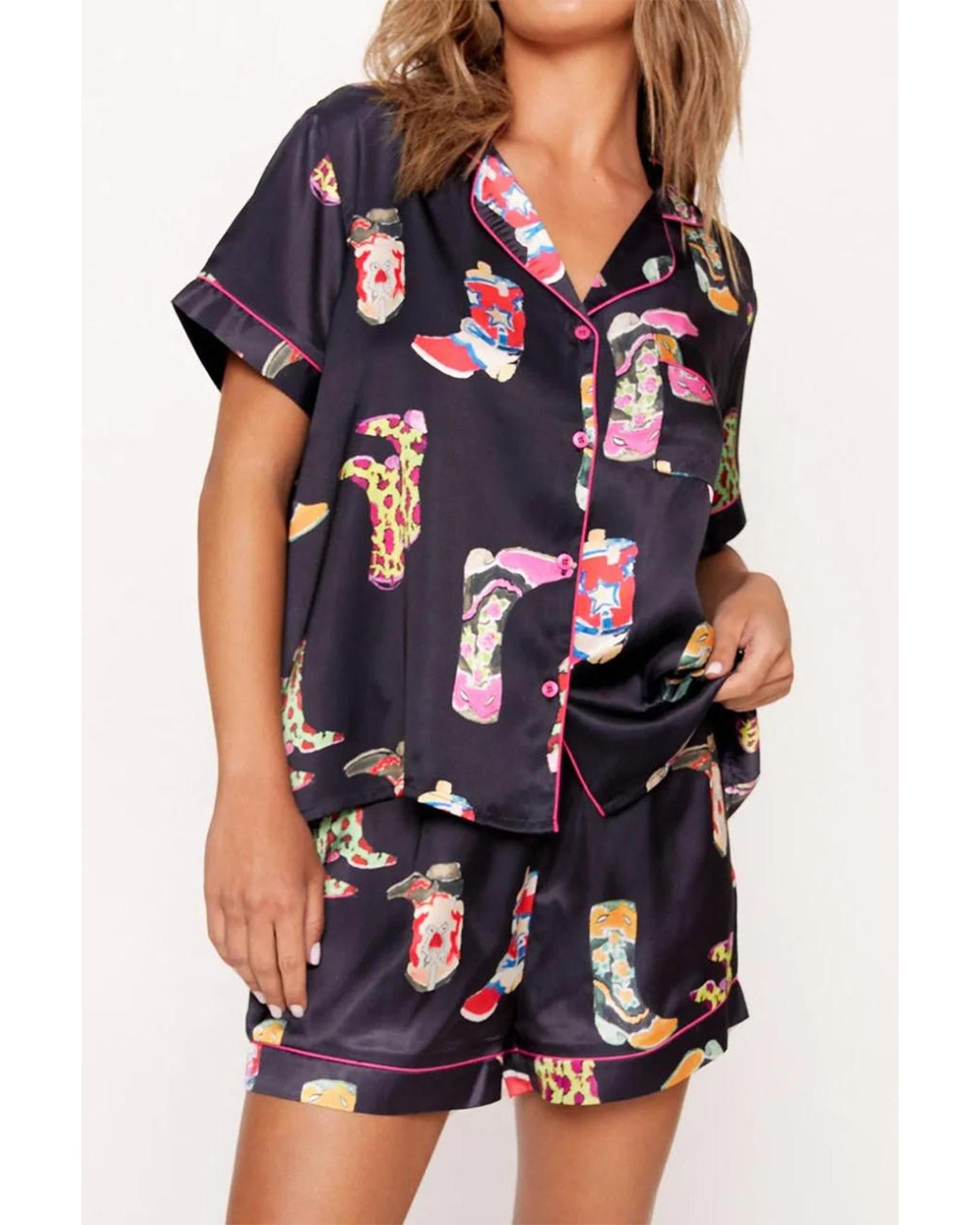 Black Western Boots Printed Short Pajama Set - L