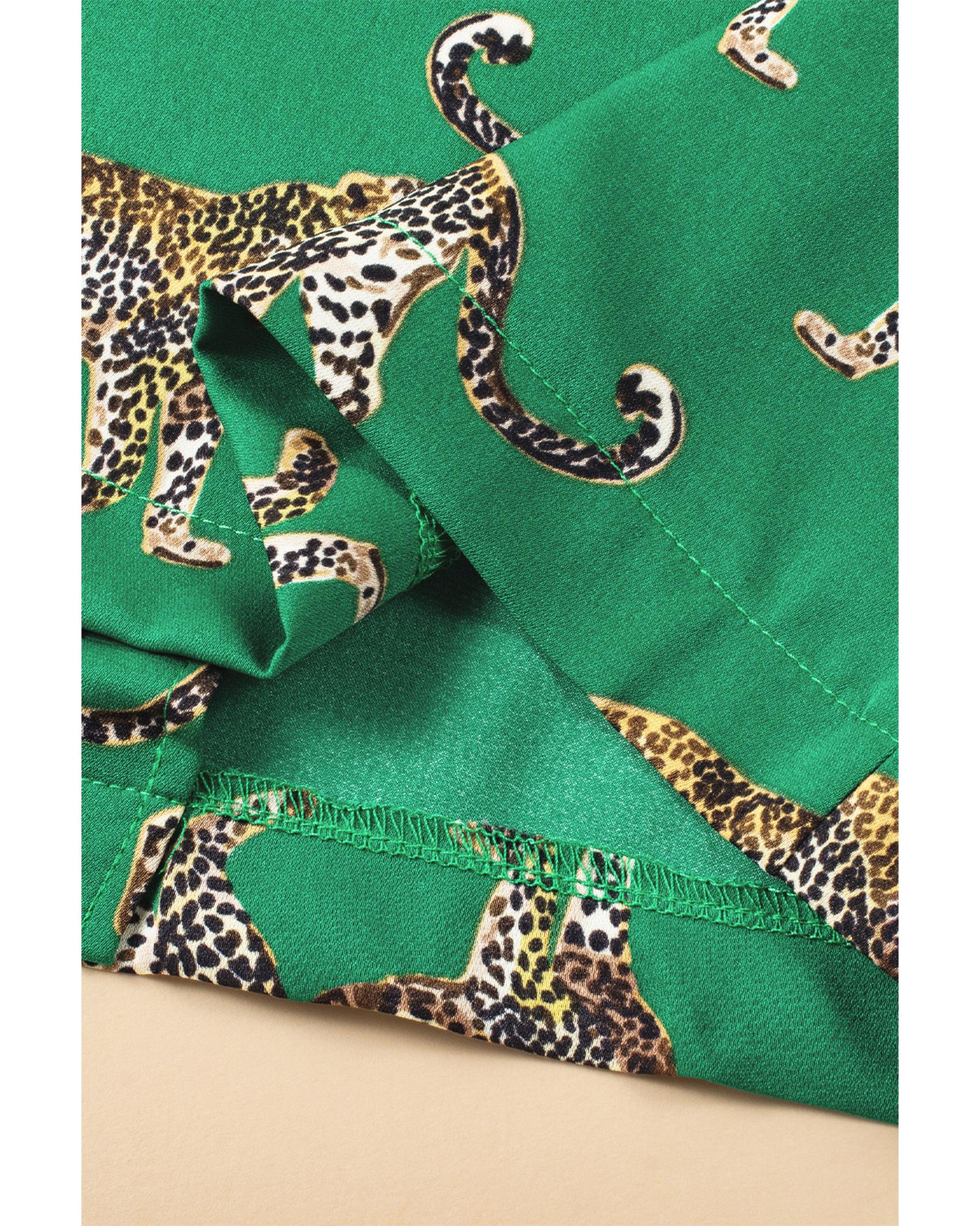 Green Cheetah Print Short Sleeve Shirt and Pants Pajama Set - L