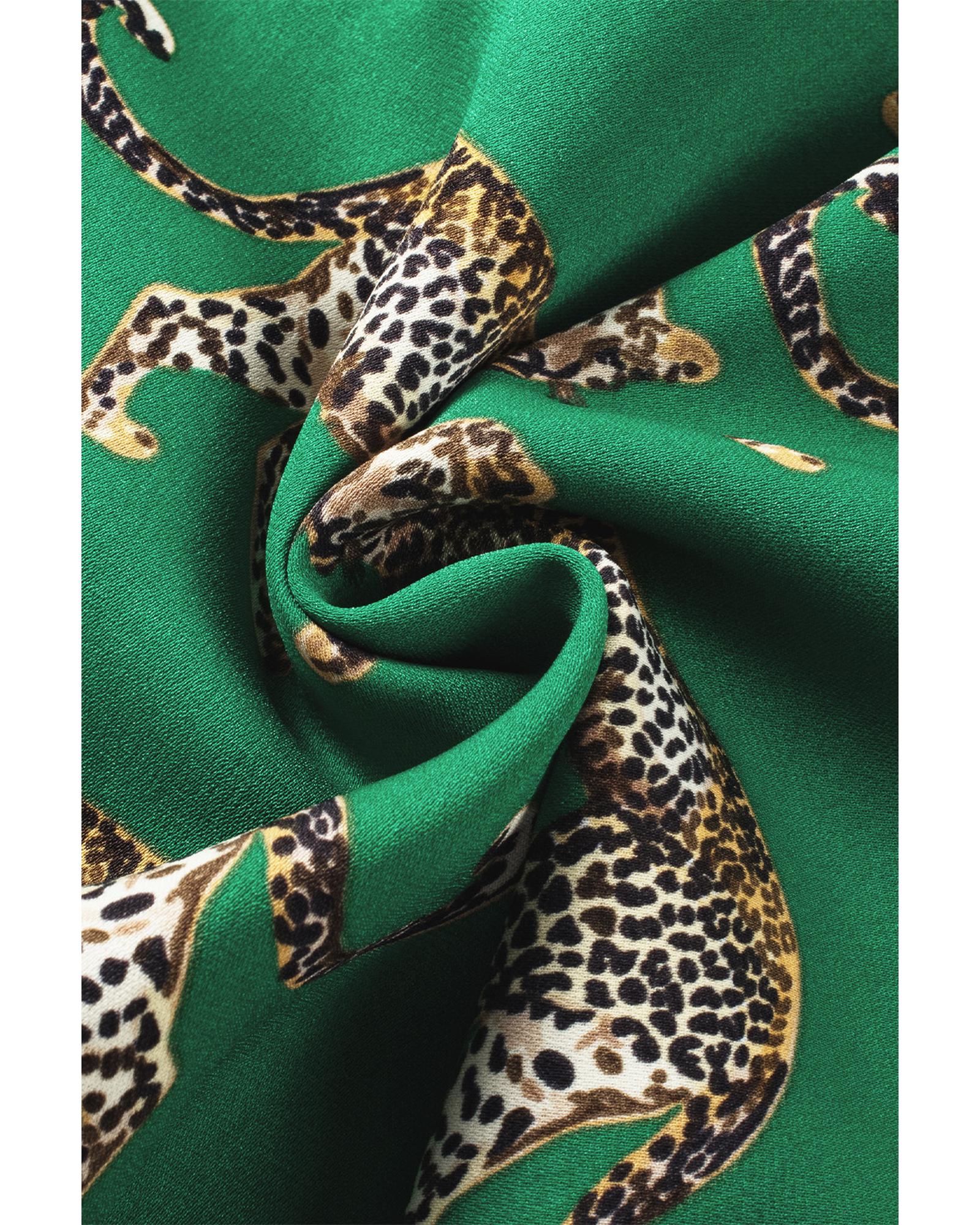 Green Cheetah Print Short Sleeve Shirt and Pants Pajama Set - M