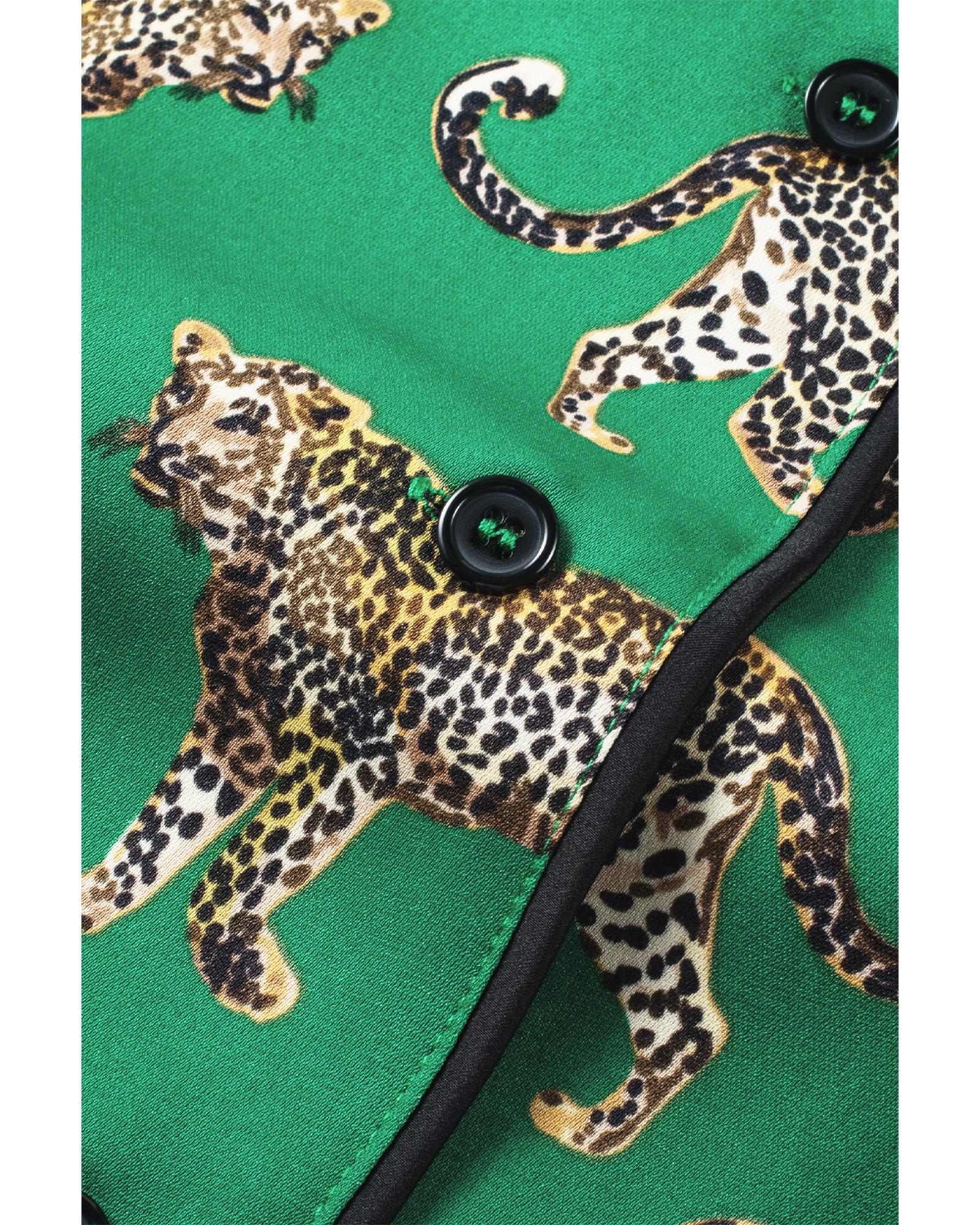 Green Cheetah Print Short Sleeve Shirt and Pants Pajama Set - M