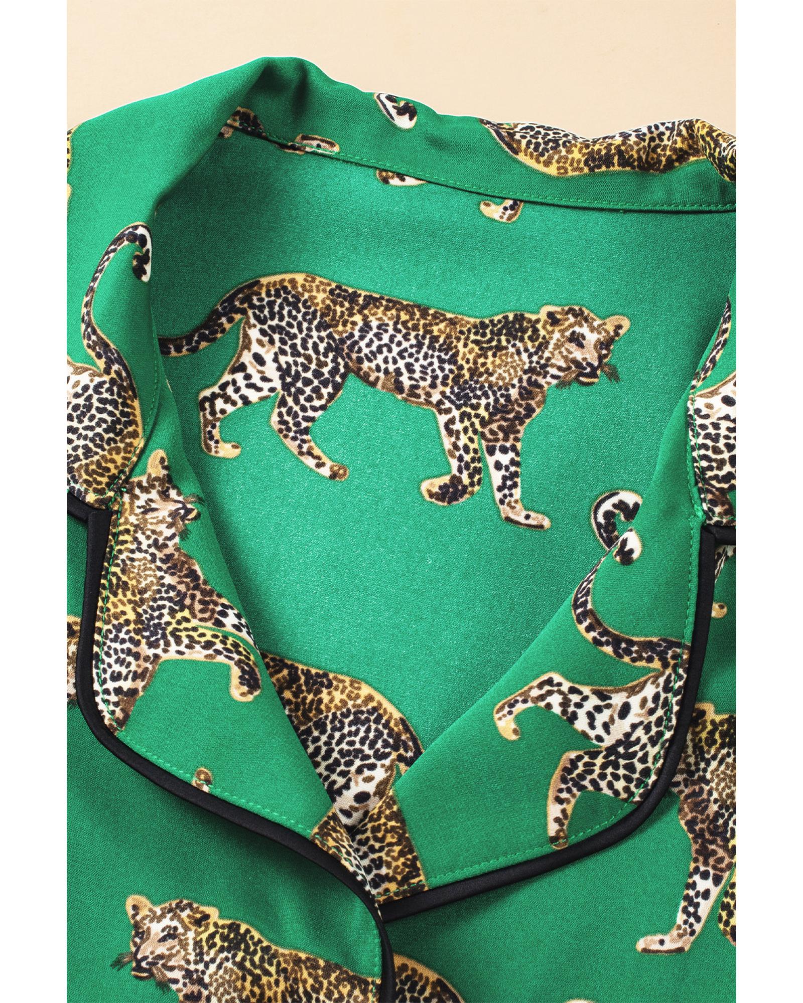 Green Cheetah Print Short Sleeve Shirt and Pants Pajama Set - M
