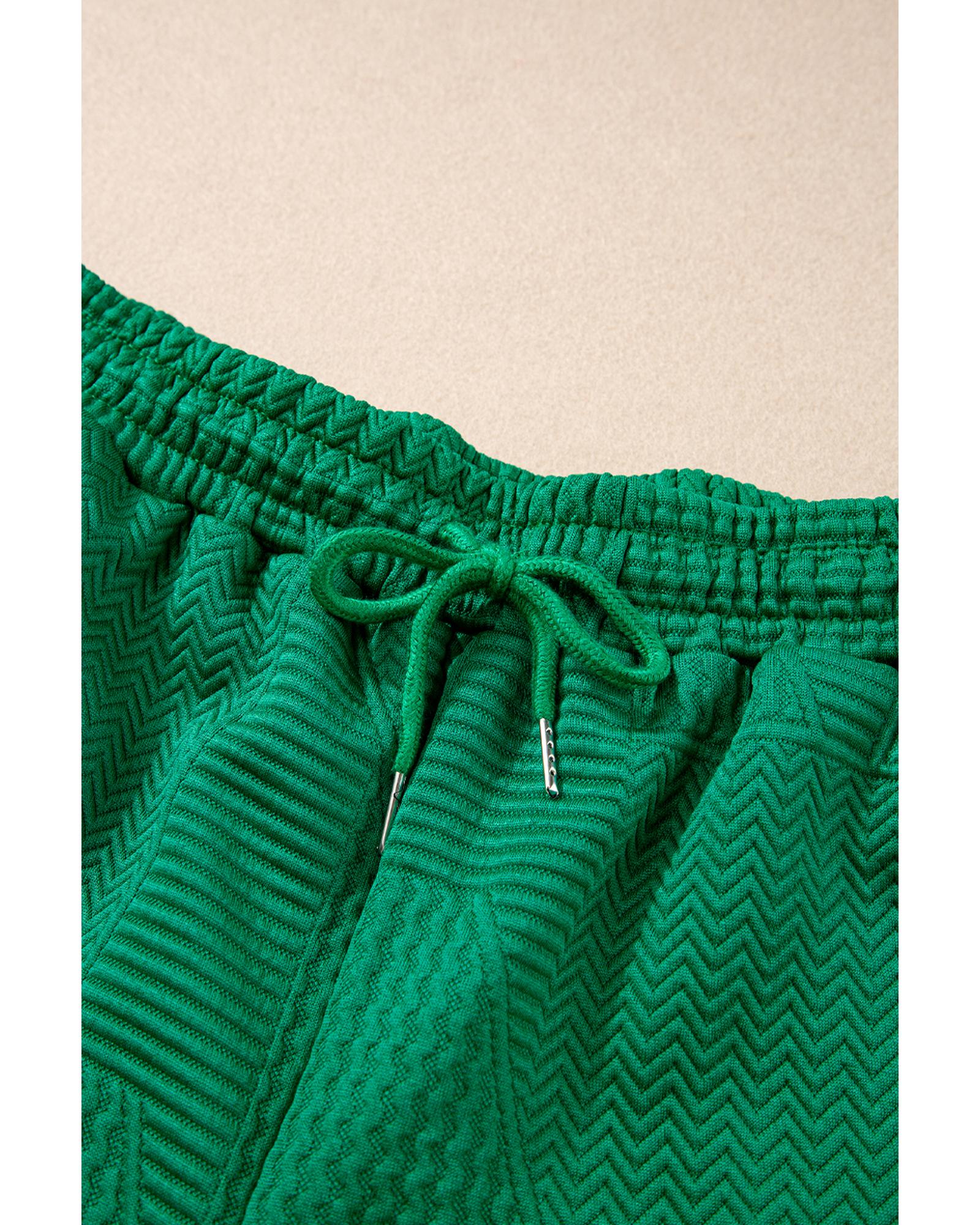 Dark Green Textured Ruffle Split Top and Drawstring Shorts - S