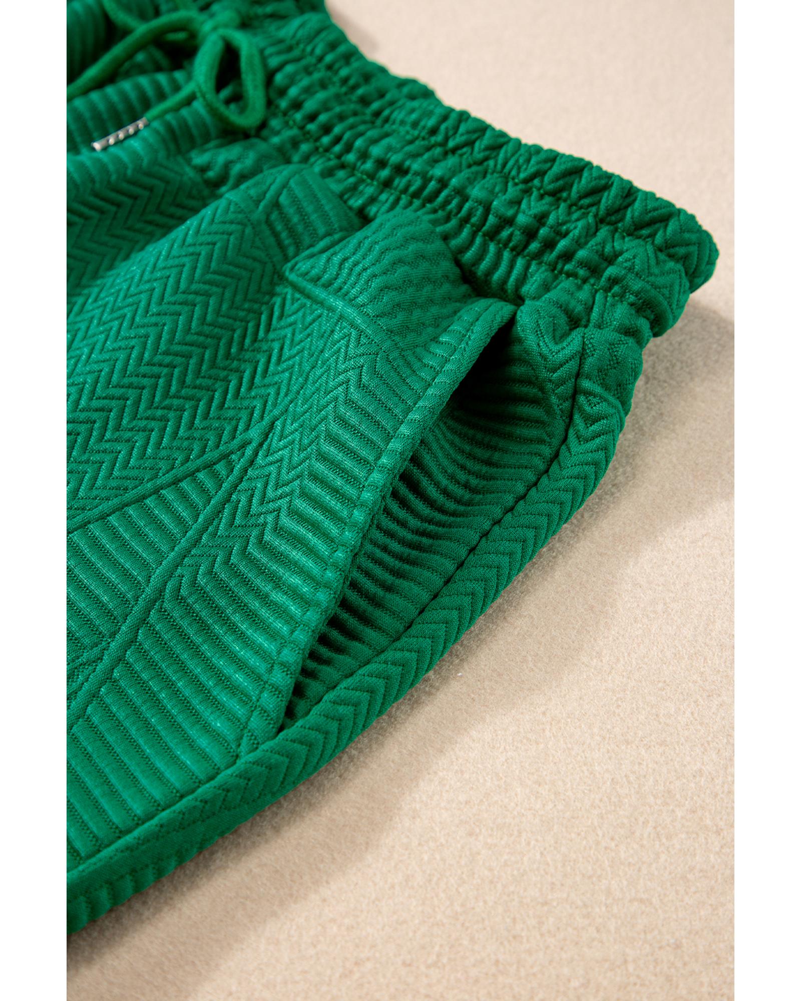 Dark Green Textured Ruffle Split Top and Drawstring Shorts - S