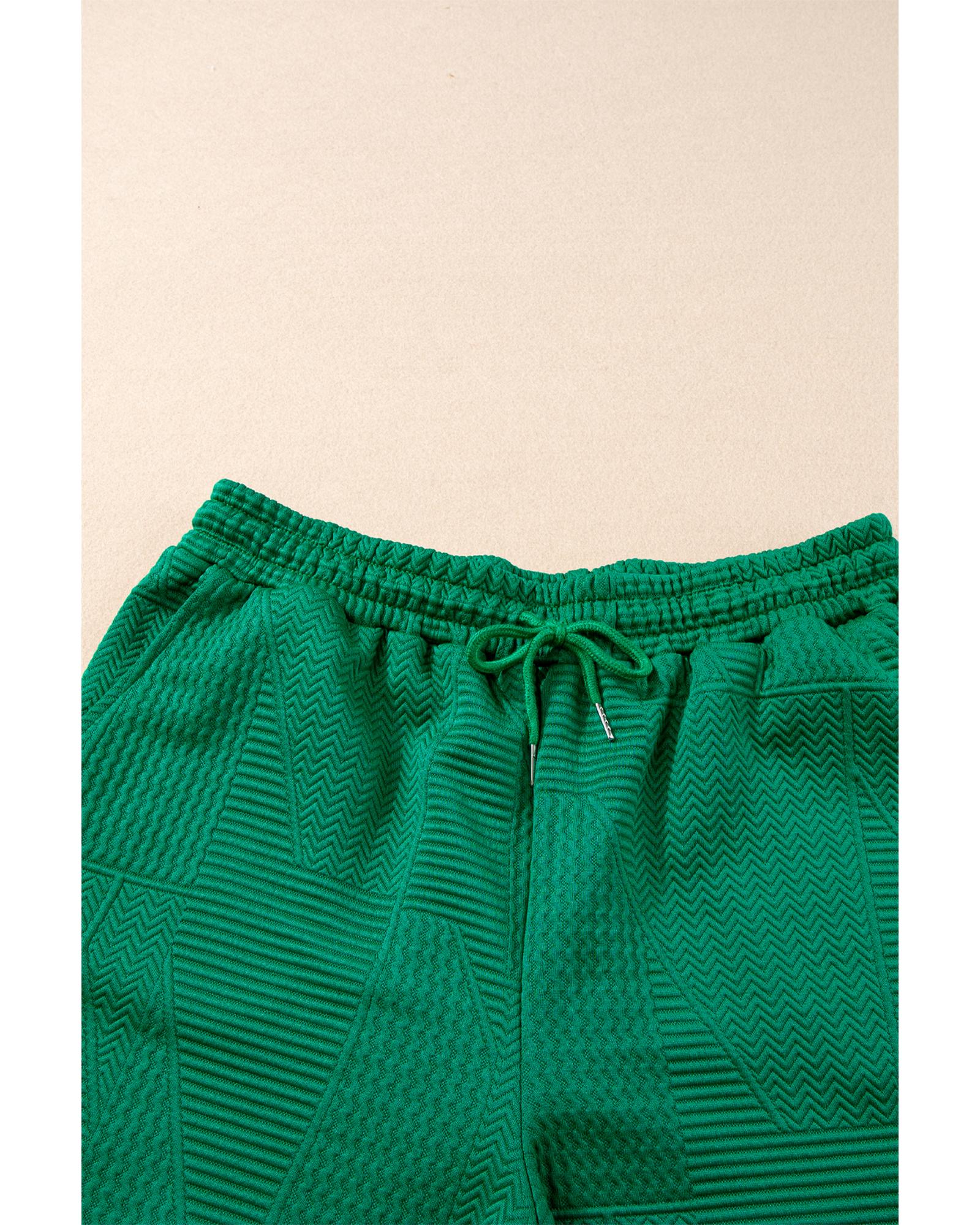 Dark Green Textured Ruffle Split Top and Drawstring Shorts - XL