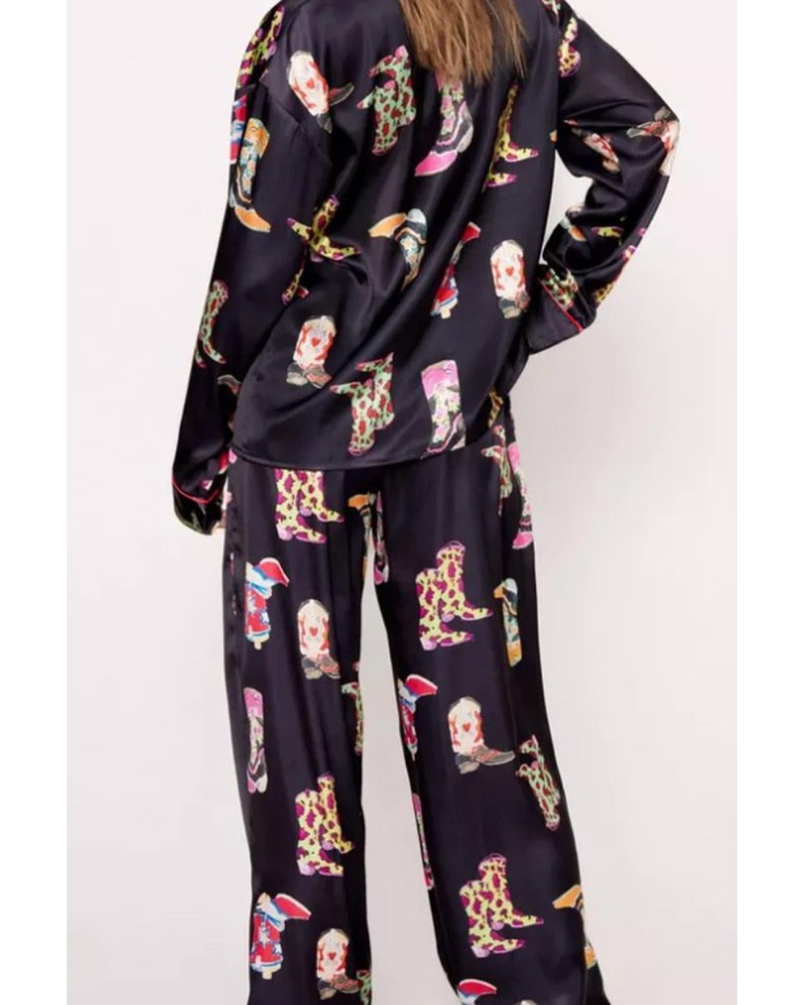 Black Western Cowgirl Boots Printed Satin Long Pajama Set - XL