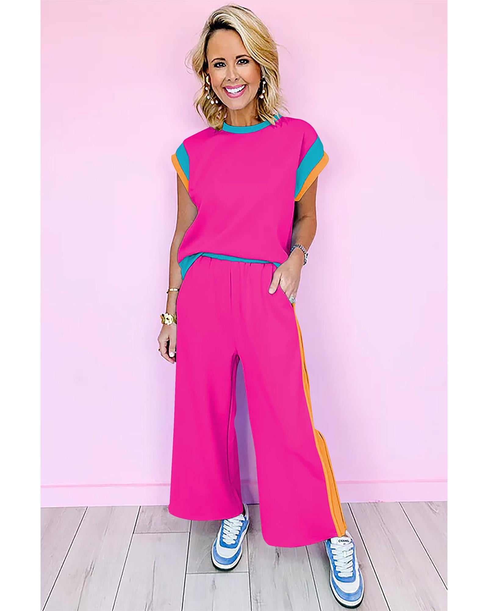 Strawberry Pink Color Block Detail Casual Two-piece Set - XL