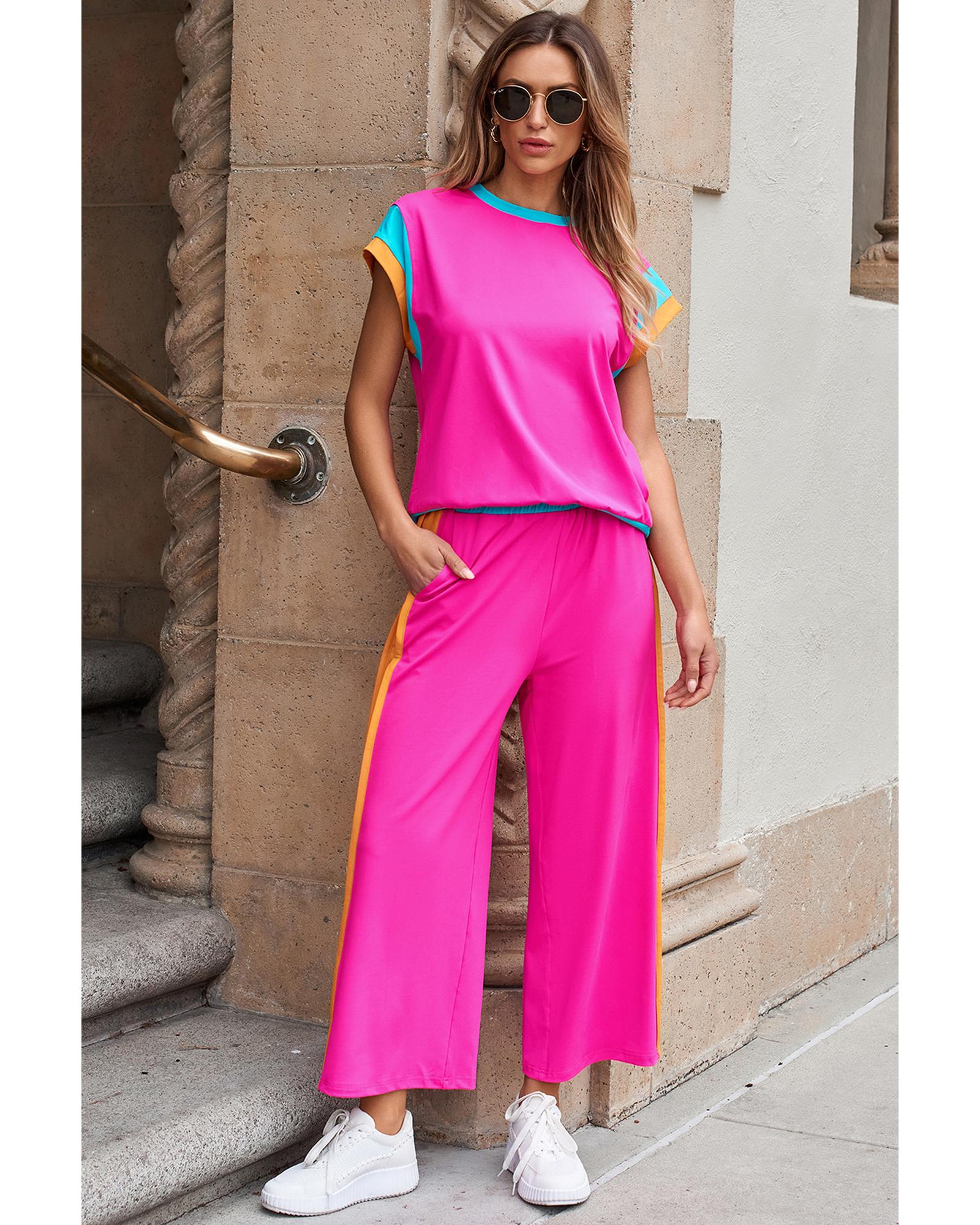 Strawberry Pink Color Block Detail Casual Two-piece Set - XL