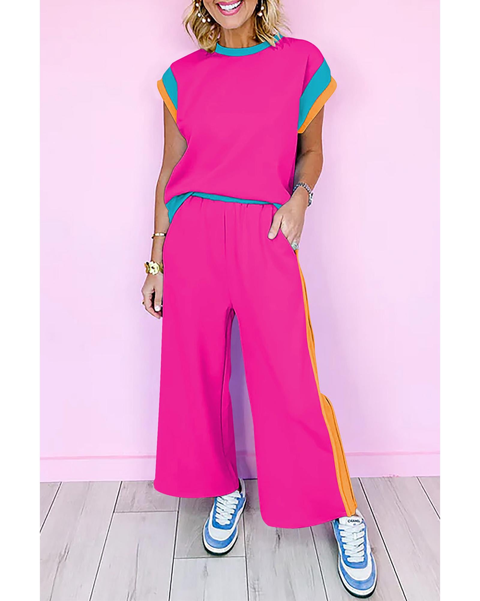 Strawberry Pink Color Block Detail Casual Two-piece Set - XL