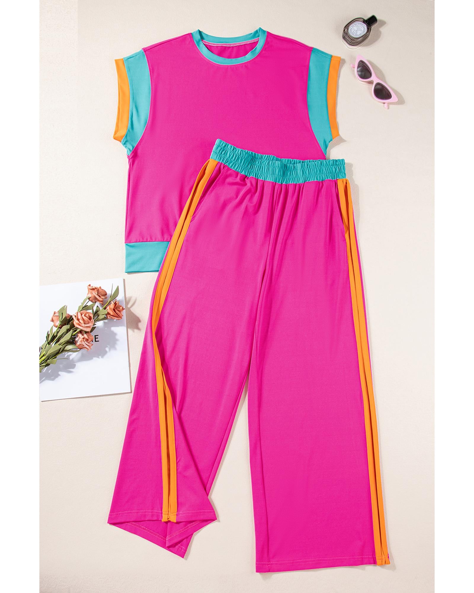 Strawberry Pink Color Block Detail Casual Two-piece Set - XL