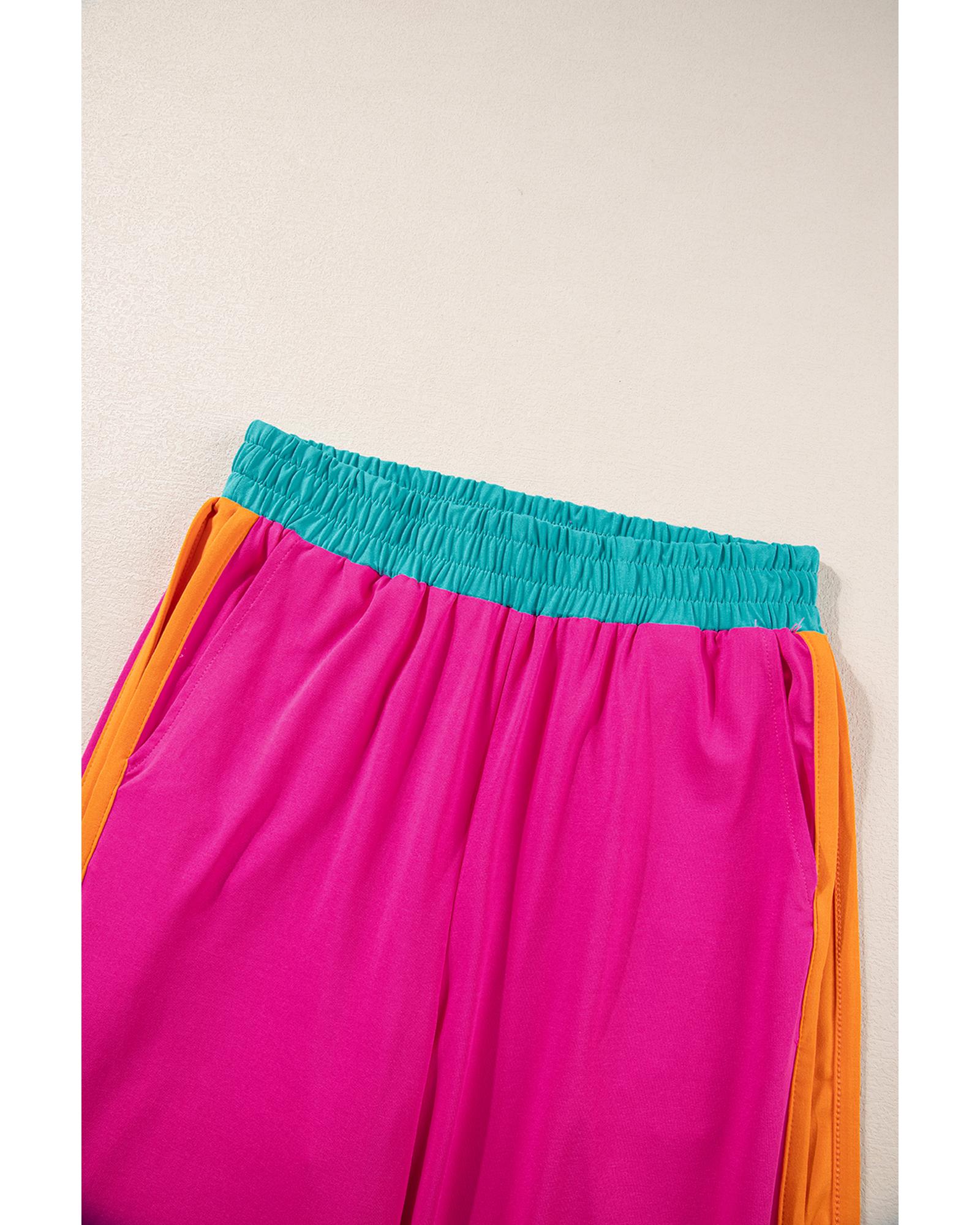 Strawberry Pink Color Block Detail Casual Two-piece Set - XL