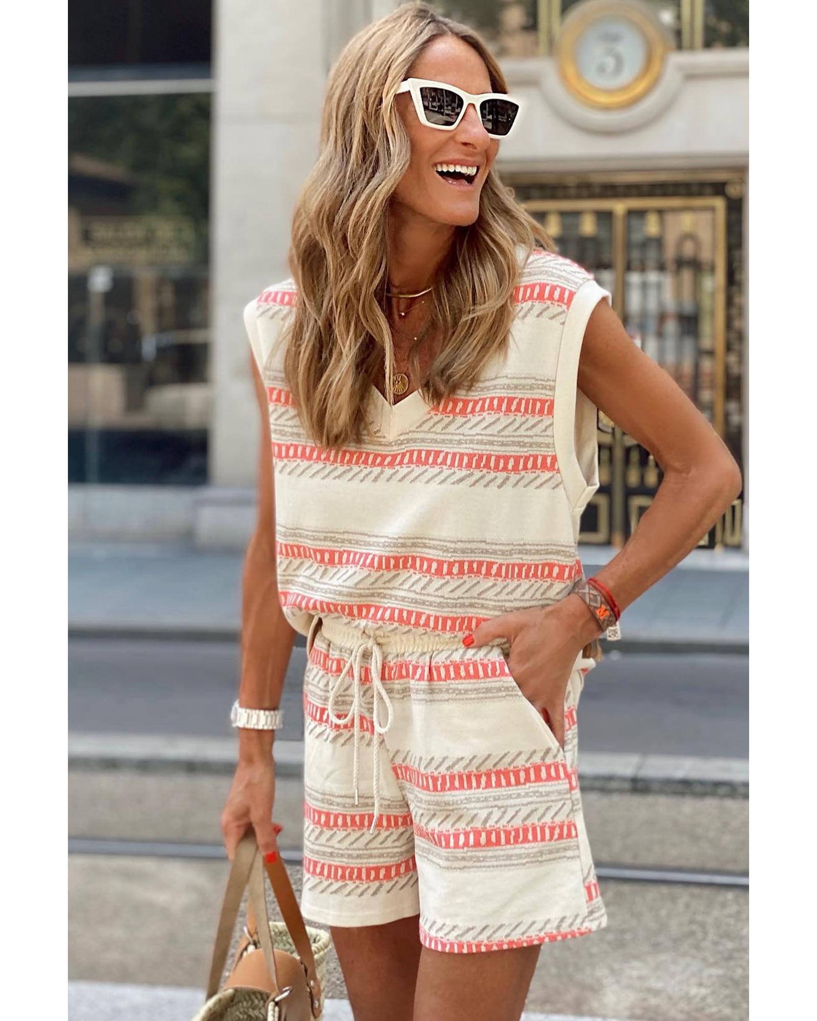 Beige Western Striped Print Casual Tank 2pcs Outfit - XL