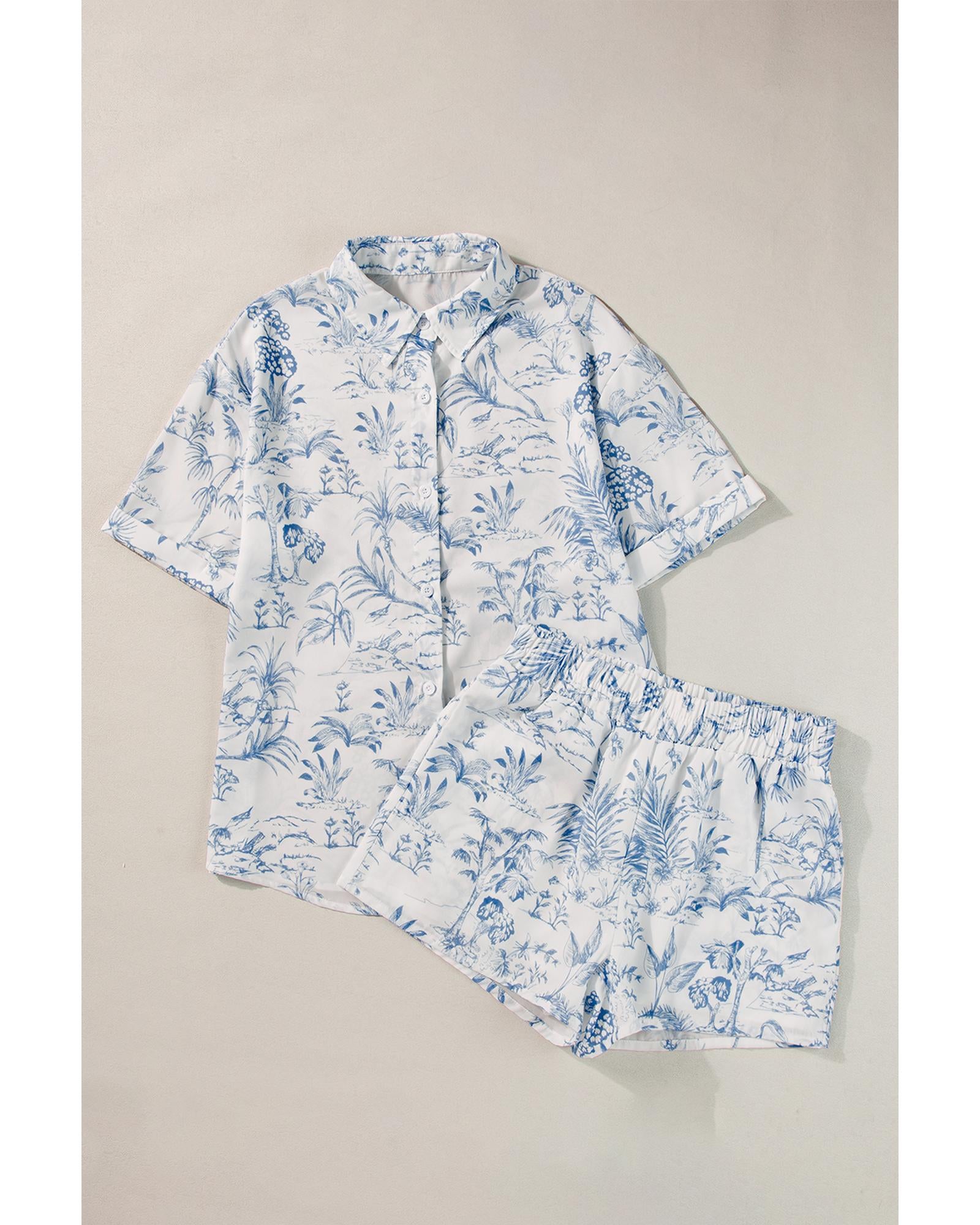 Sky Blue Floral Short Sleeve Shirt and Shorts Set - XL