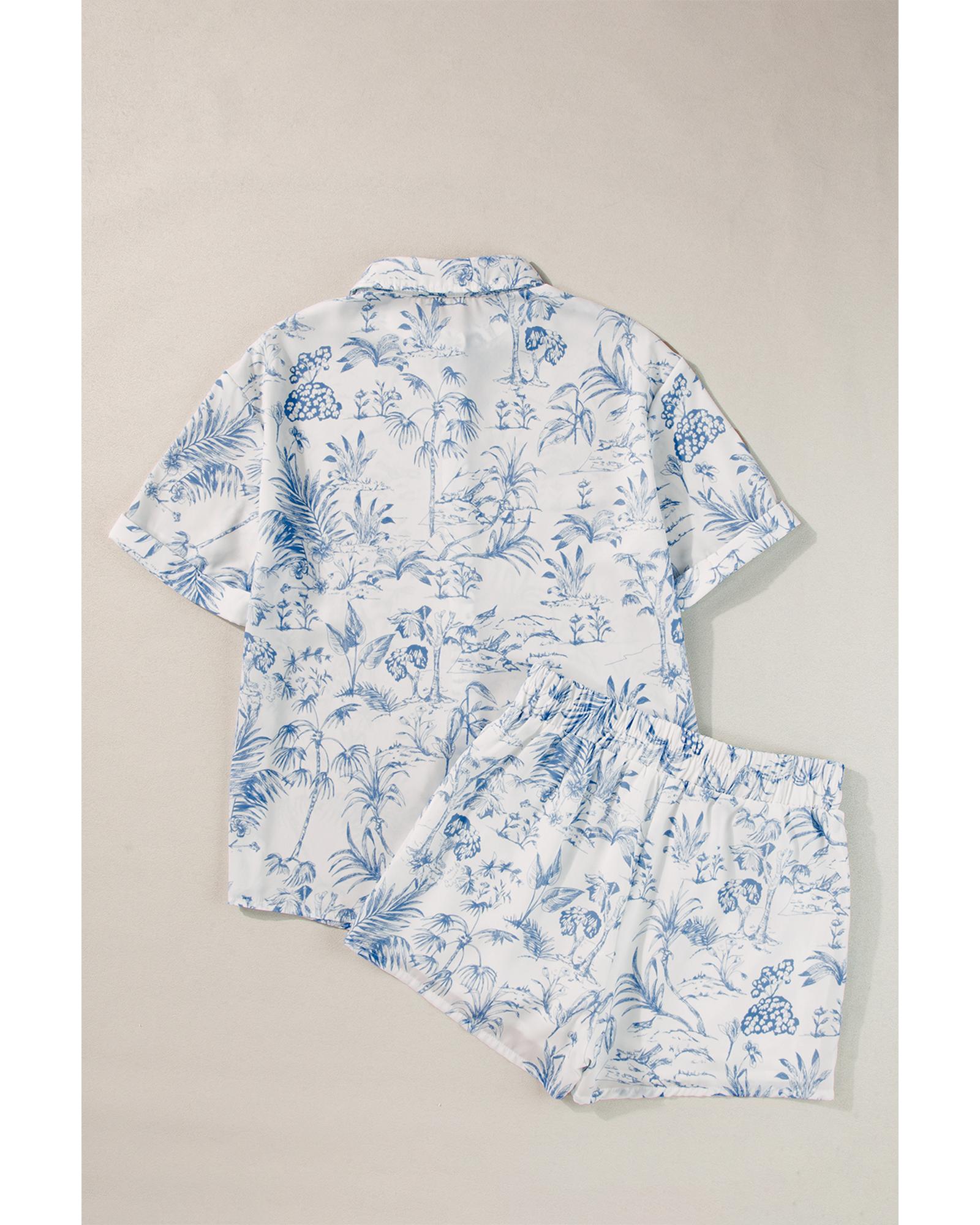 Sky Blue Floral Short Sleeve Shirt and Shorts Set - XL