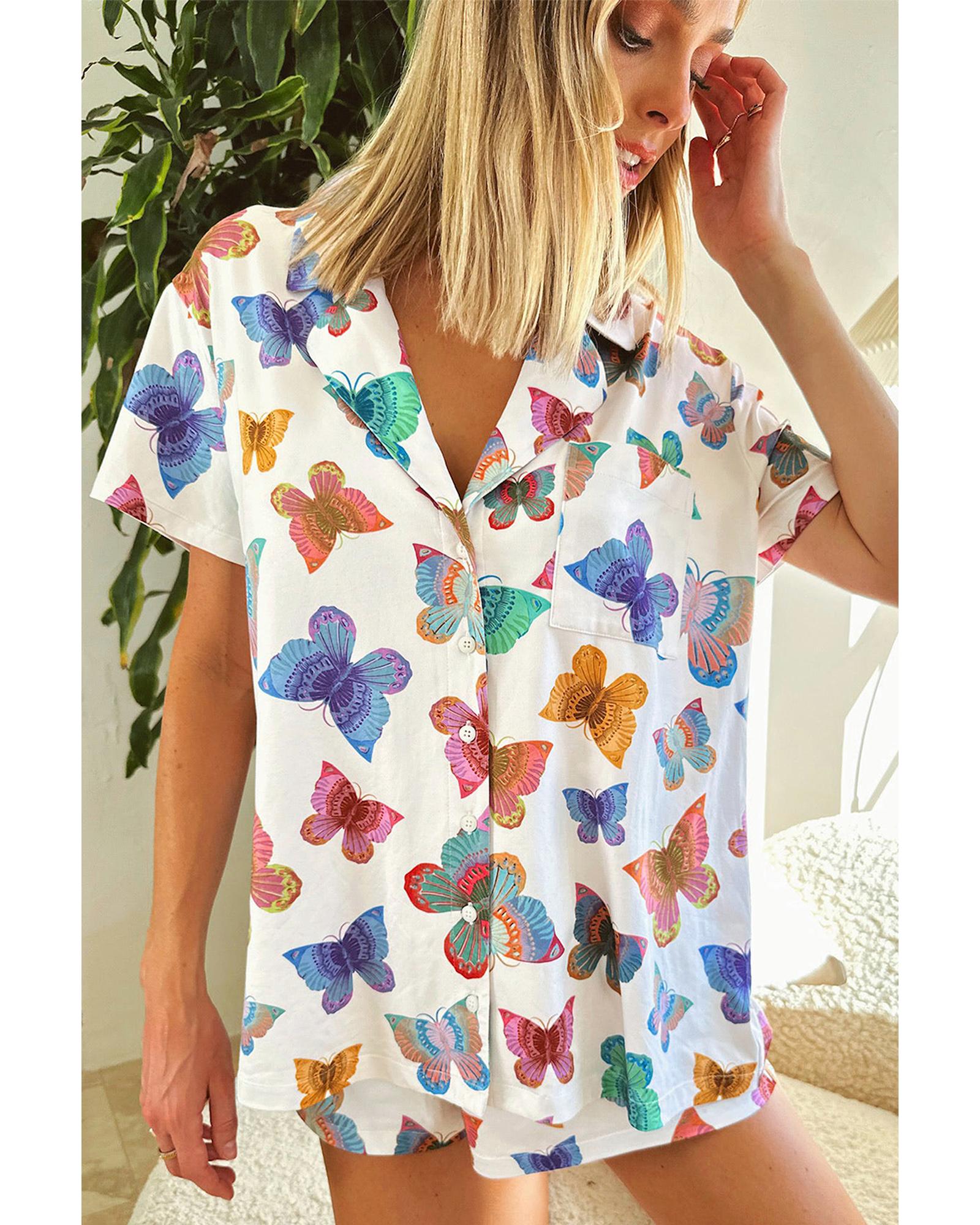 Multicolour Butterfly Pattern Short Sleeve Shirt Pajamas Set - M