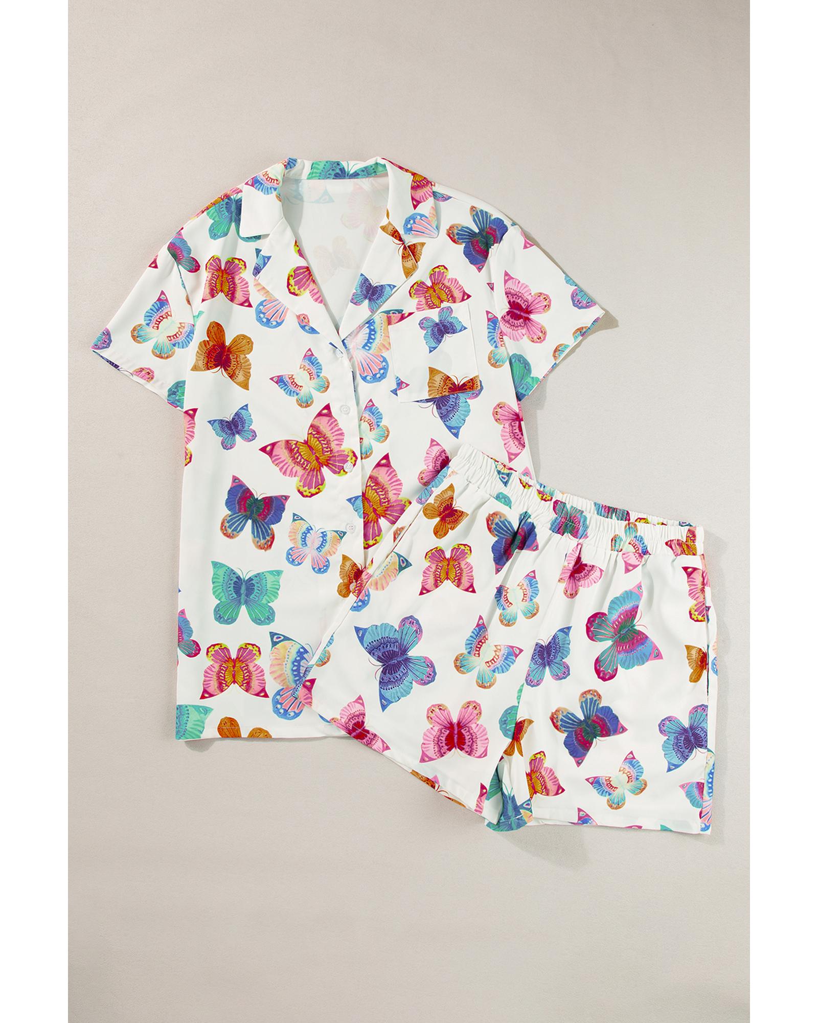 Multicolour Butterfly Pattern Short Sleeve Shirt Pajamas Set - S