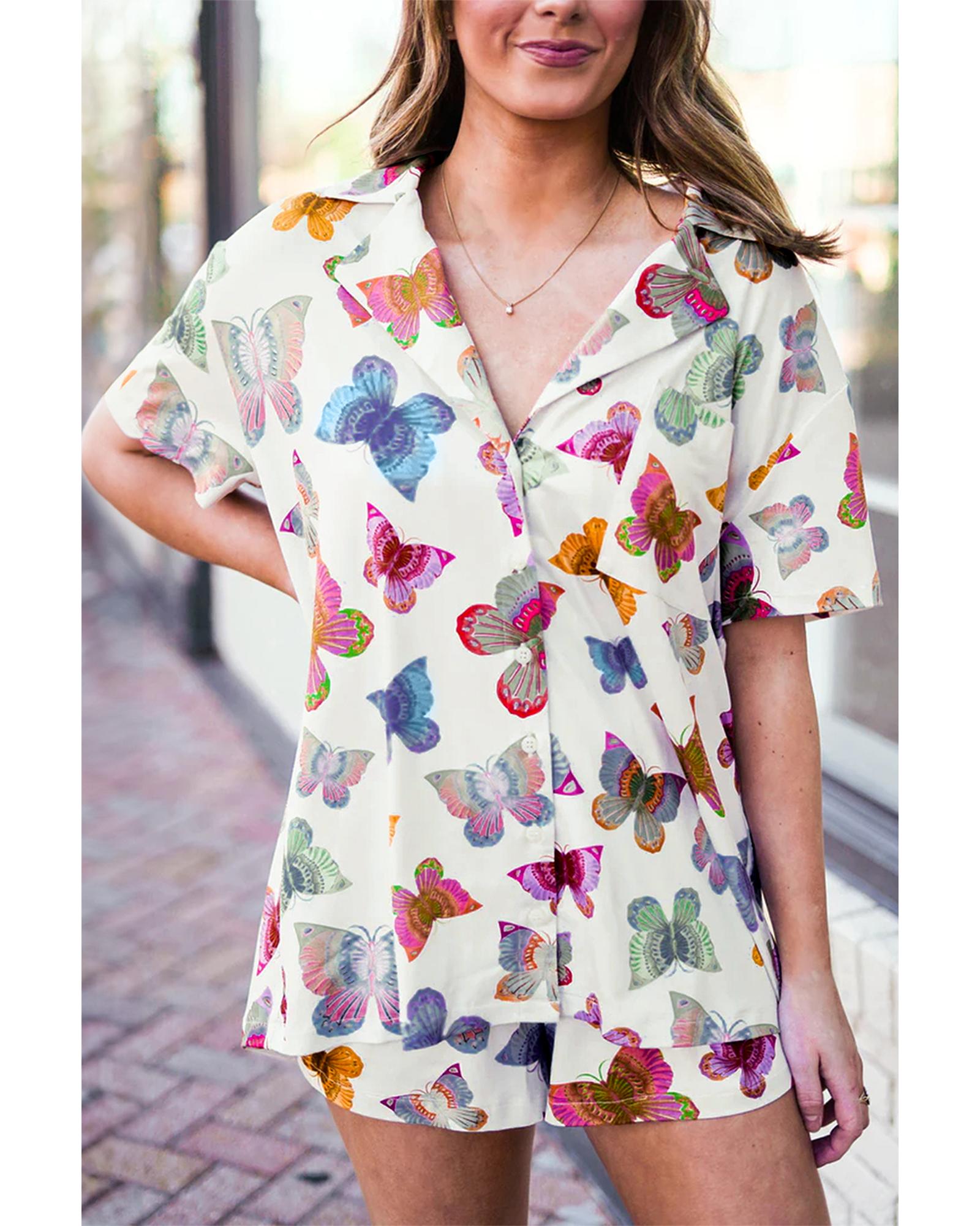 Multicolour Butterfly Pattern Short Sleeve Shirt Pajamas Set - XL