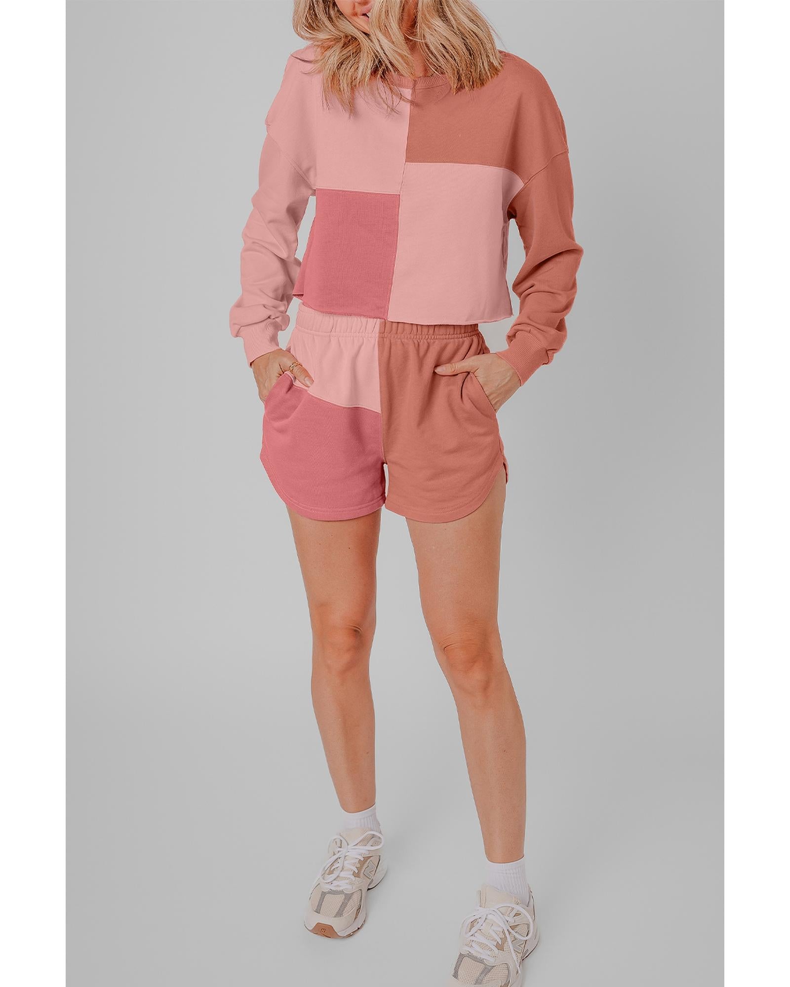 Peach Blossom Colorblock Patchwork Long Sleeve Shorts Outfit - L