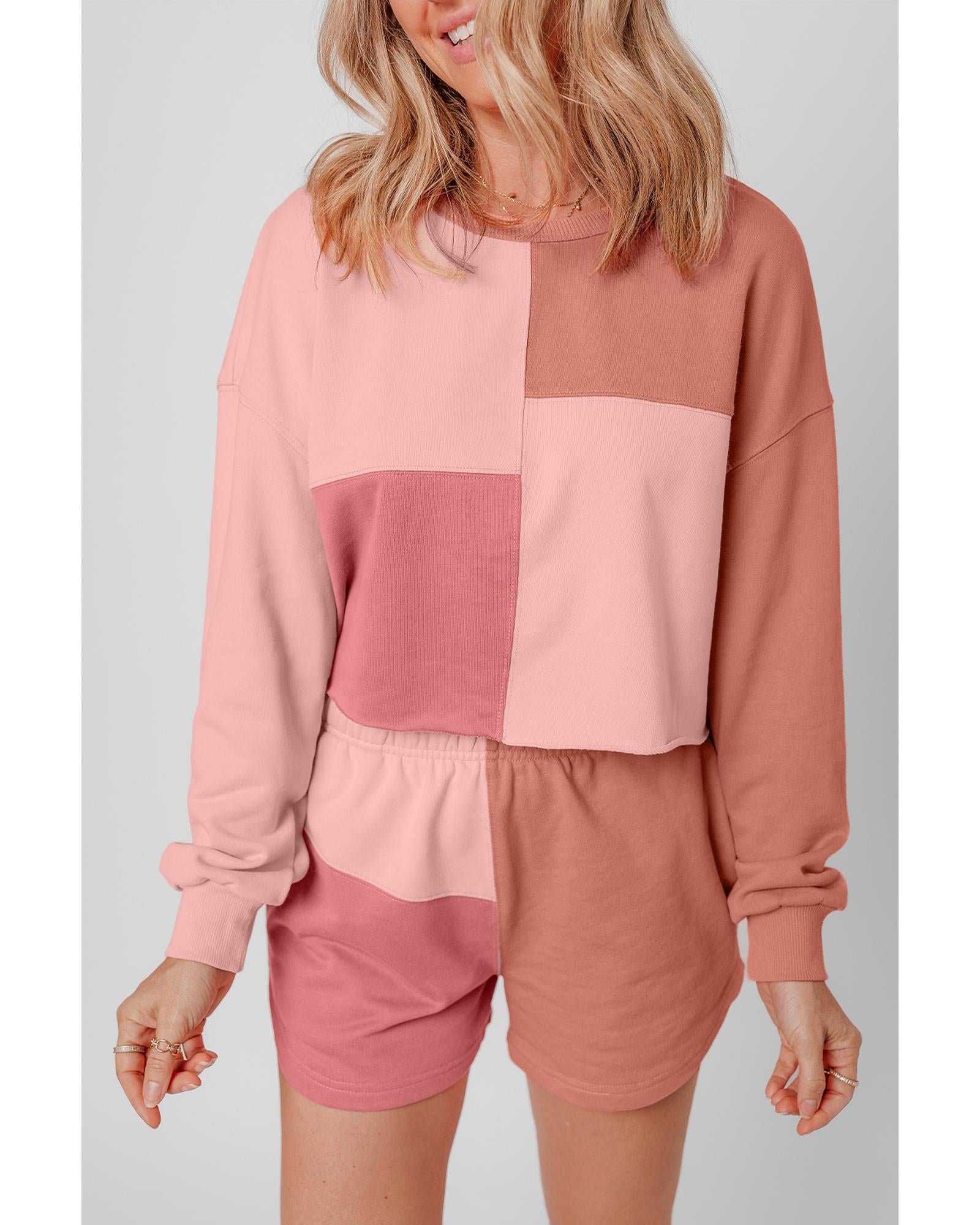 Peach Blossom Colorblock Patchwork Long Sleeve Shorts Outfit - L