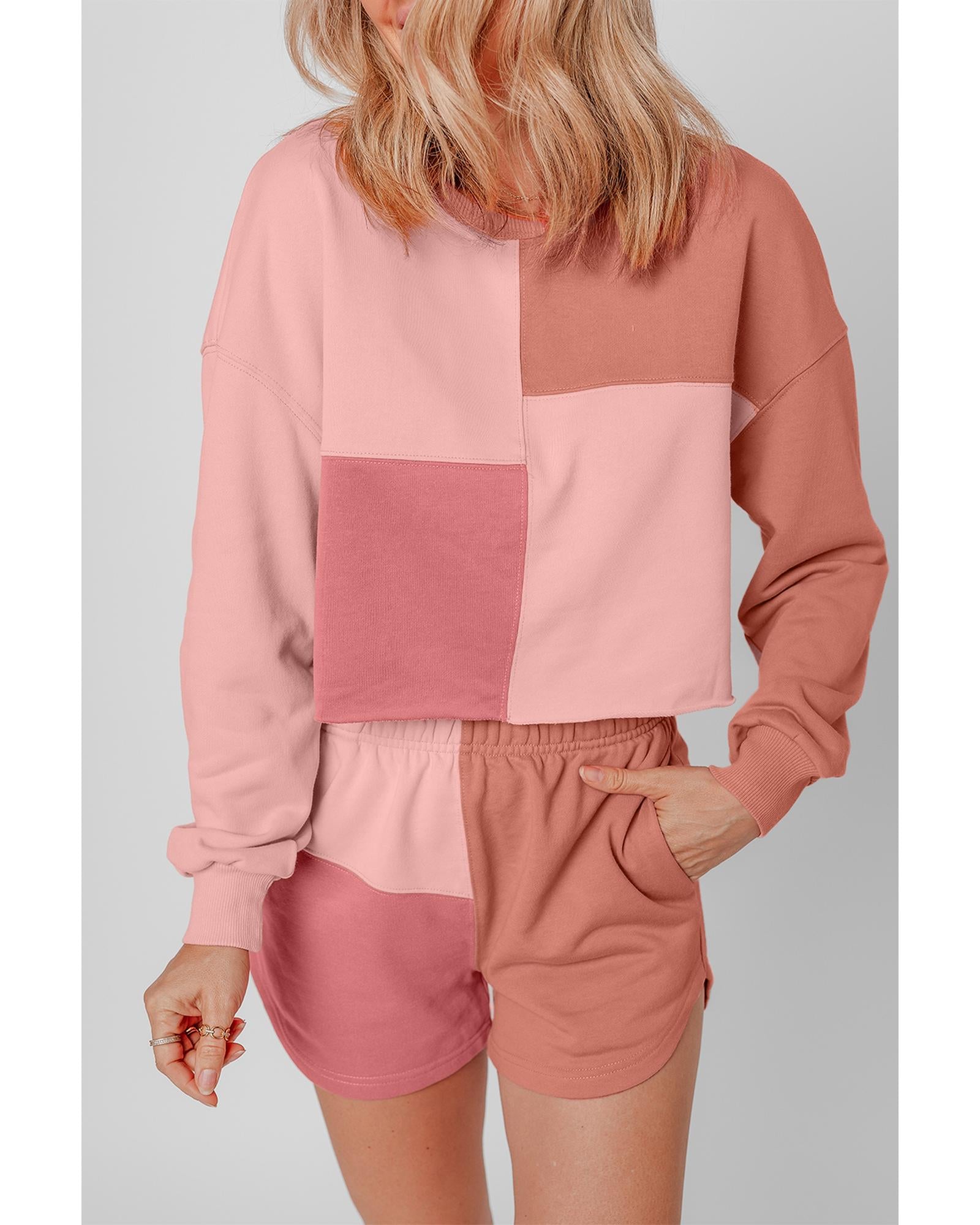 Peach Blossom Colorblock Patchwork Long Sleeve Shorts Outfit - L