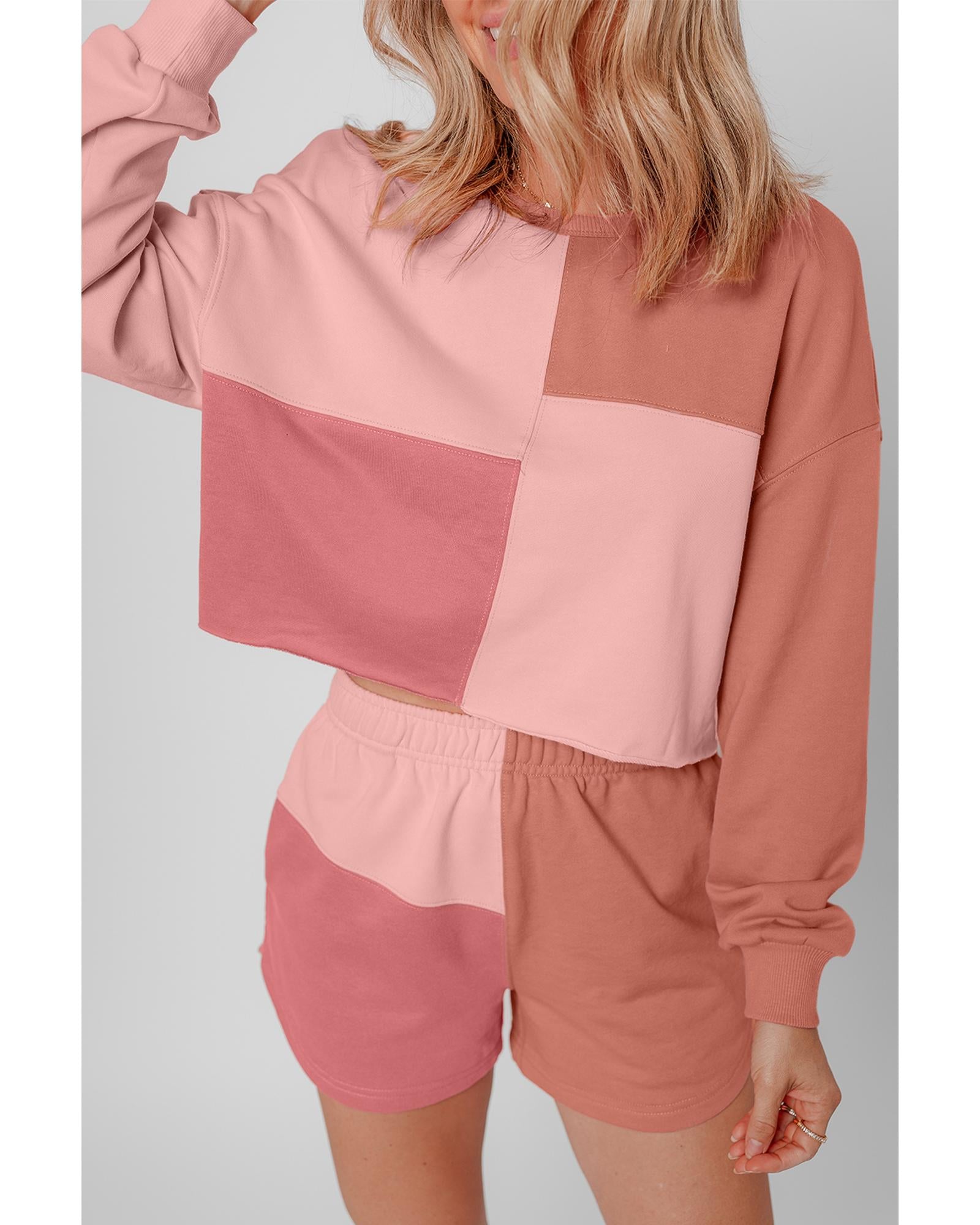 Peach Blossom Colorblock Patchwork Long Sleeve Shorts Outfit - M