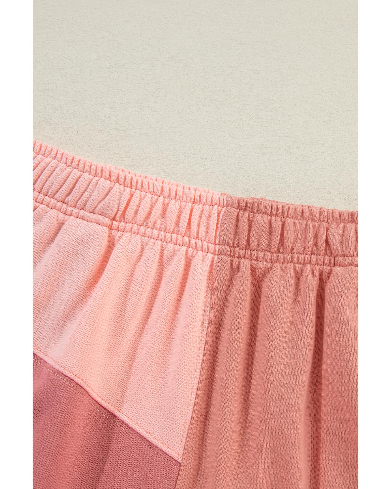 Peach Blossom Colorblock Patchwork Long Sleeve Shorts Outfit - M
