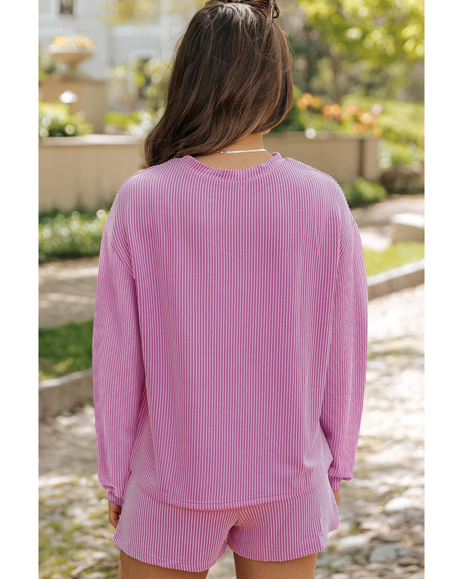 Phalaenopsis Corded Knit Long Sleeve Top and High Waist Shorts Set - M