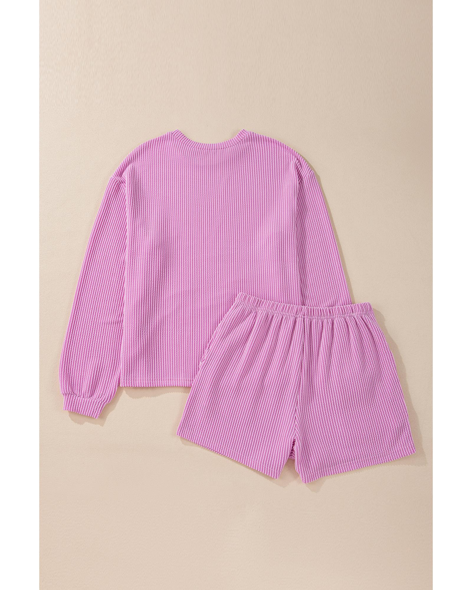 Phalaenopsis Corded Knit Long Sleeve Top and High Waist Shorts Set - M
