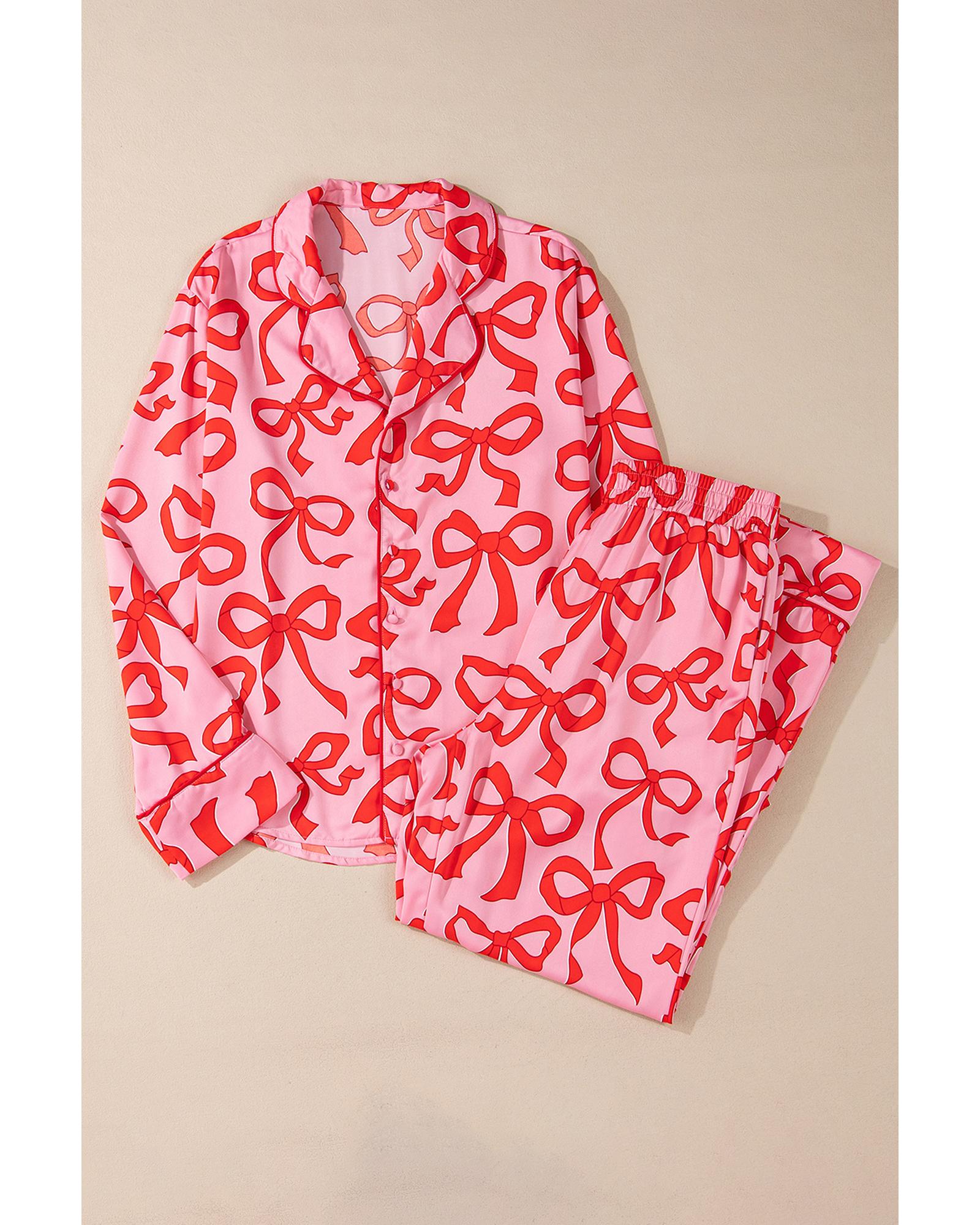 Pink 2pcs Bow Print Shirt Style Long Sleeve Pajama Set - L
