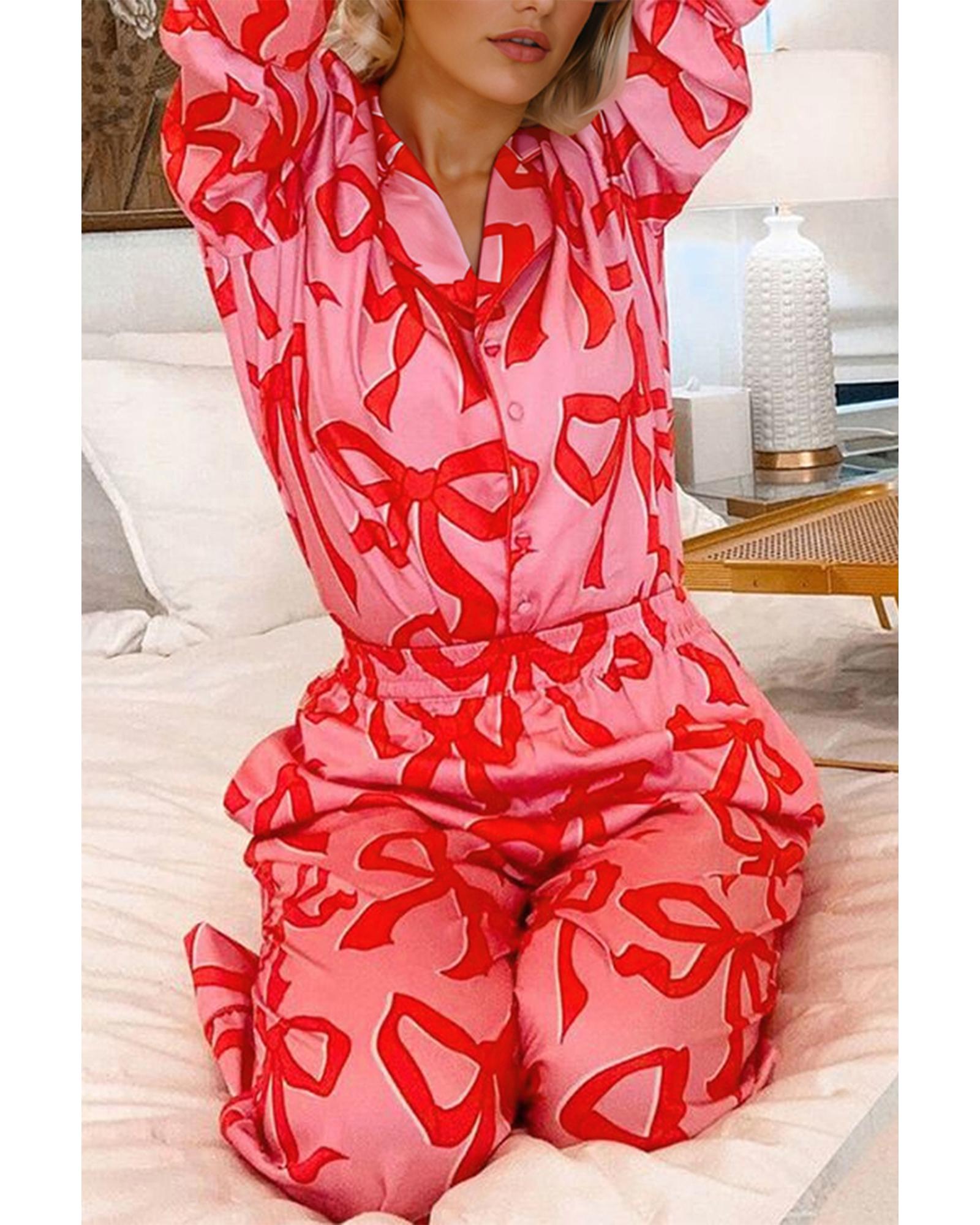Pink 2pcs Bow Print Shirt Style Long Sleeve Pajama Set - L