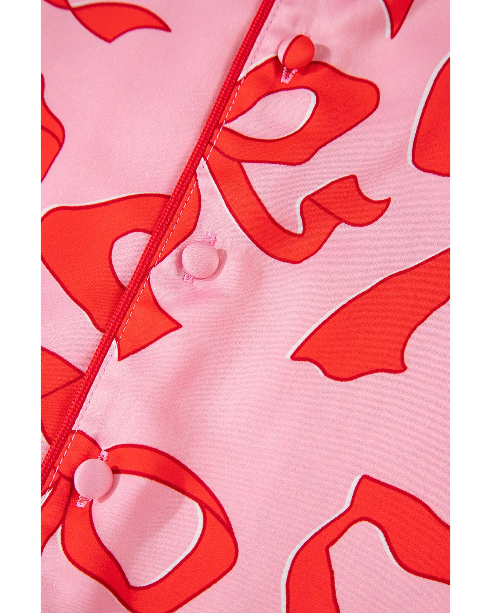 Pink 2pcs Bow Print Shirt Style Long Sleeve Pajama Set - L