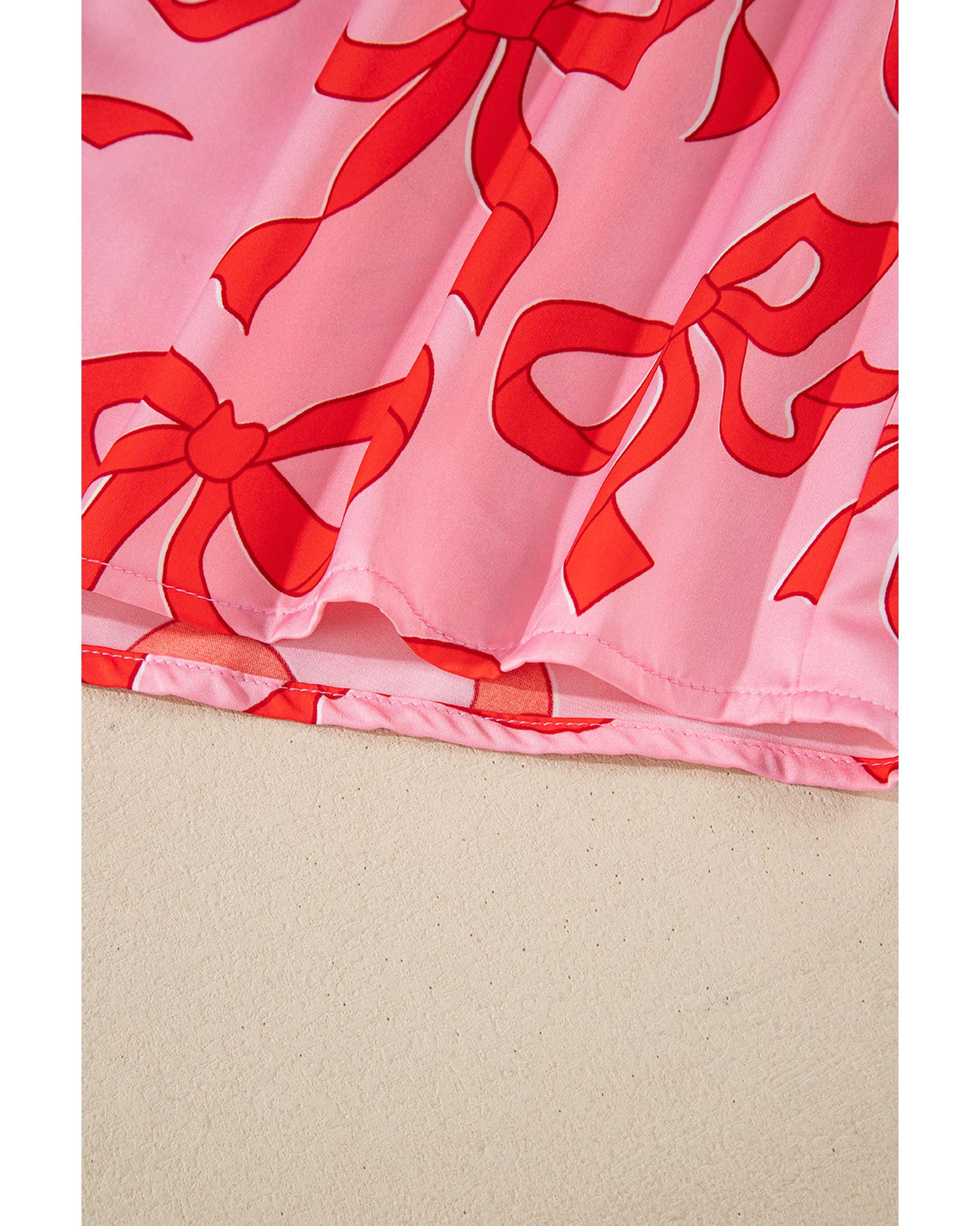 Pink 2pcs Bow Print Shirt Style Long Sleeve Pajama Set - M
