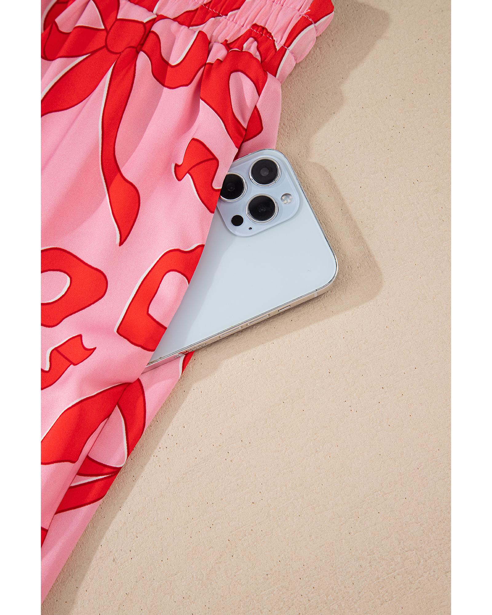 Pink 2pcs Bow Print Shirt Style Long Sleeve Pajama Set - M