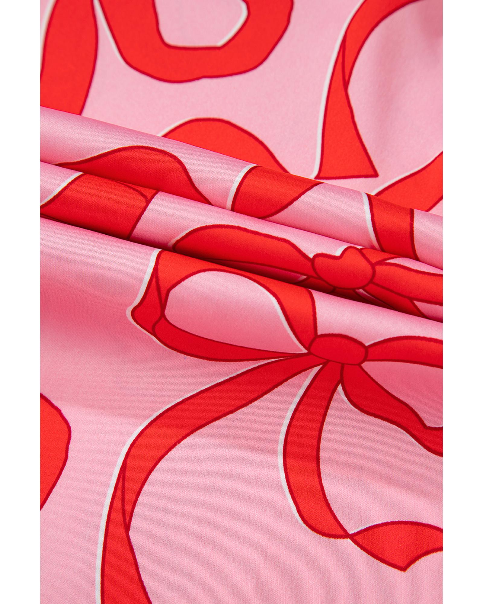 Pink 2pcs Bow Print Shirt Style Long Sleeve Pajama Set - M