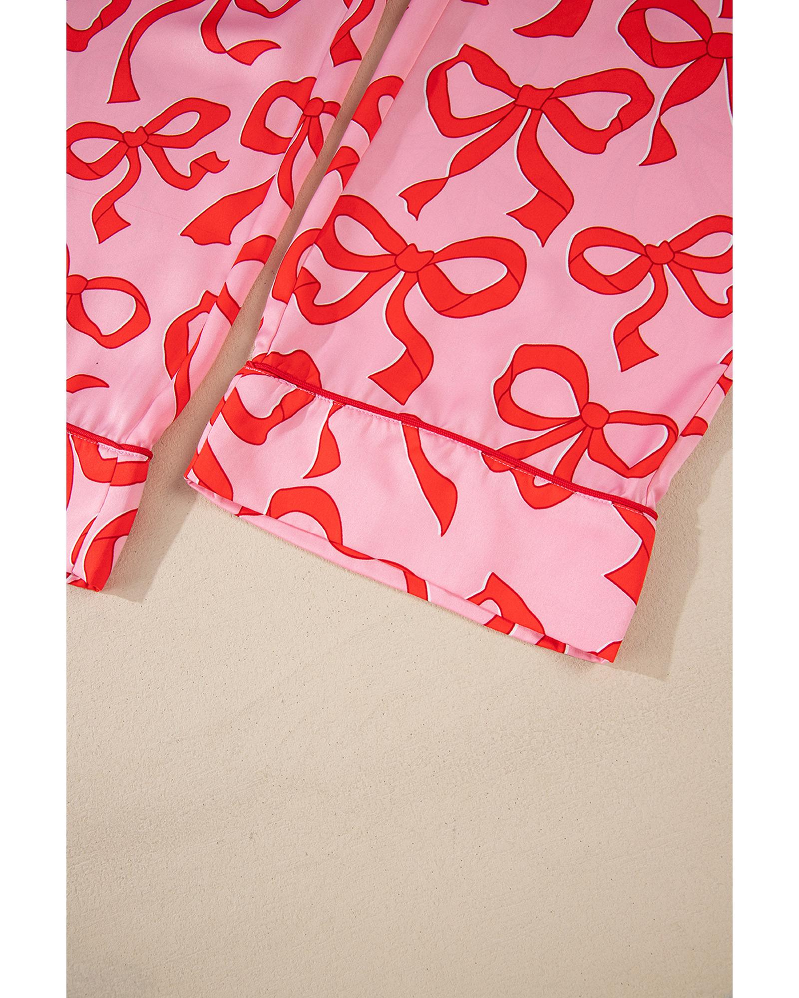 Pink 2pcs Bow Print Shirt Style Long Sleeve Pajama Set - M