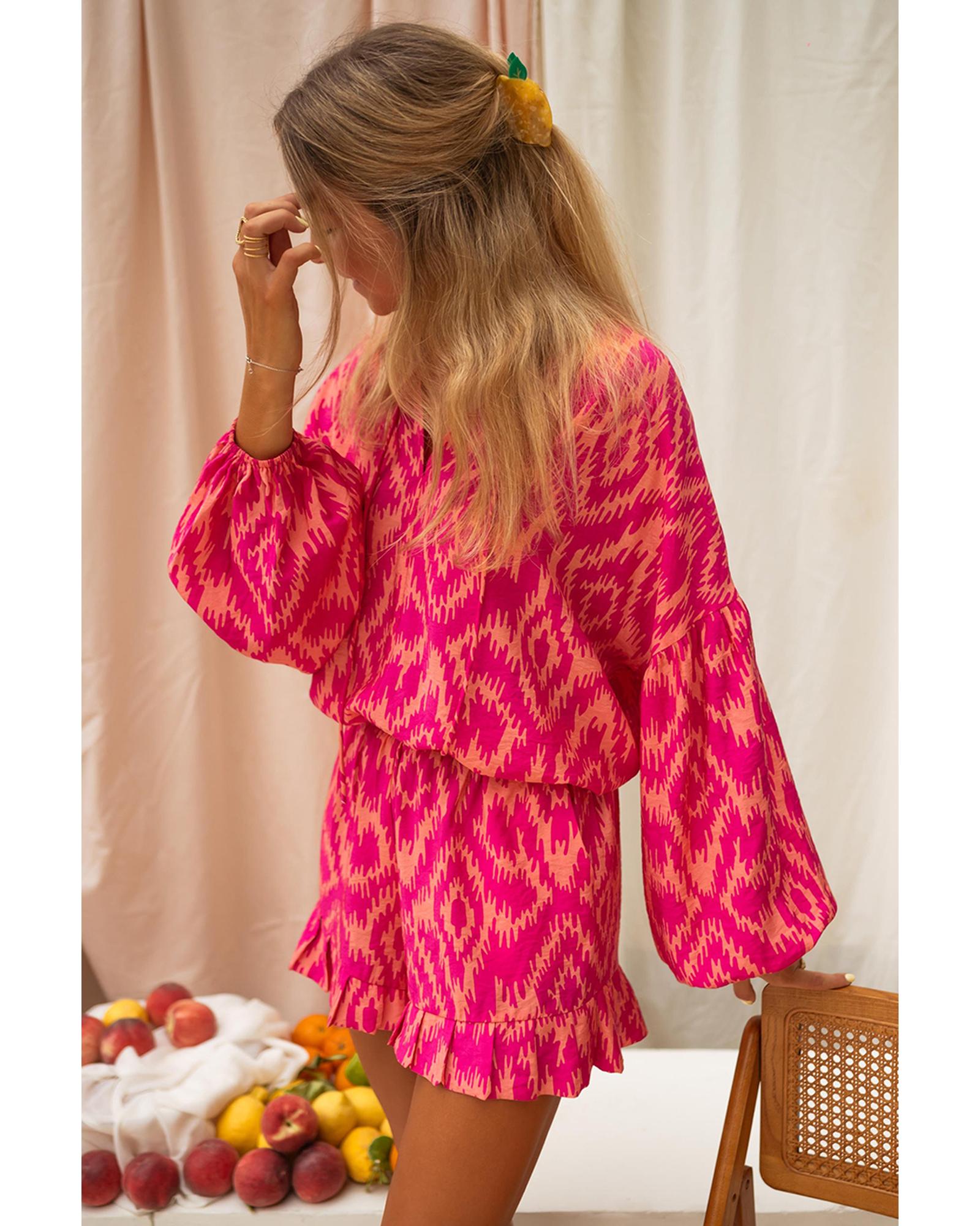 Rose Western Aztec Geometric Print Top and Ruffled Shorts Set - L