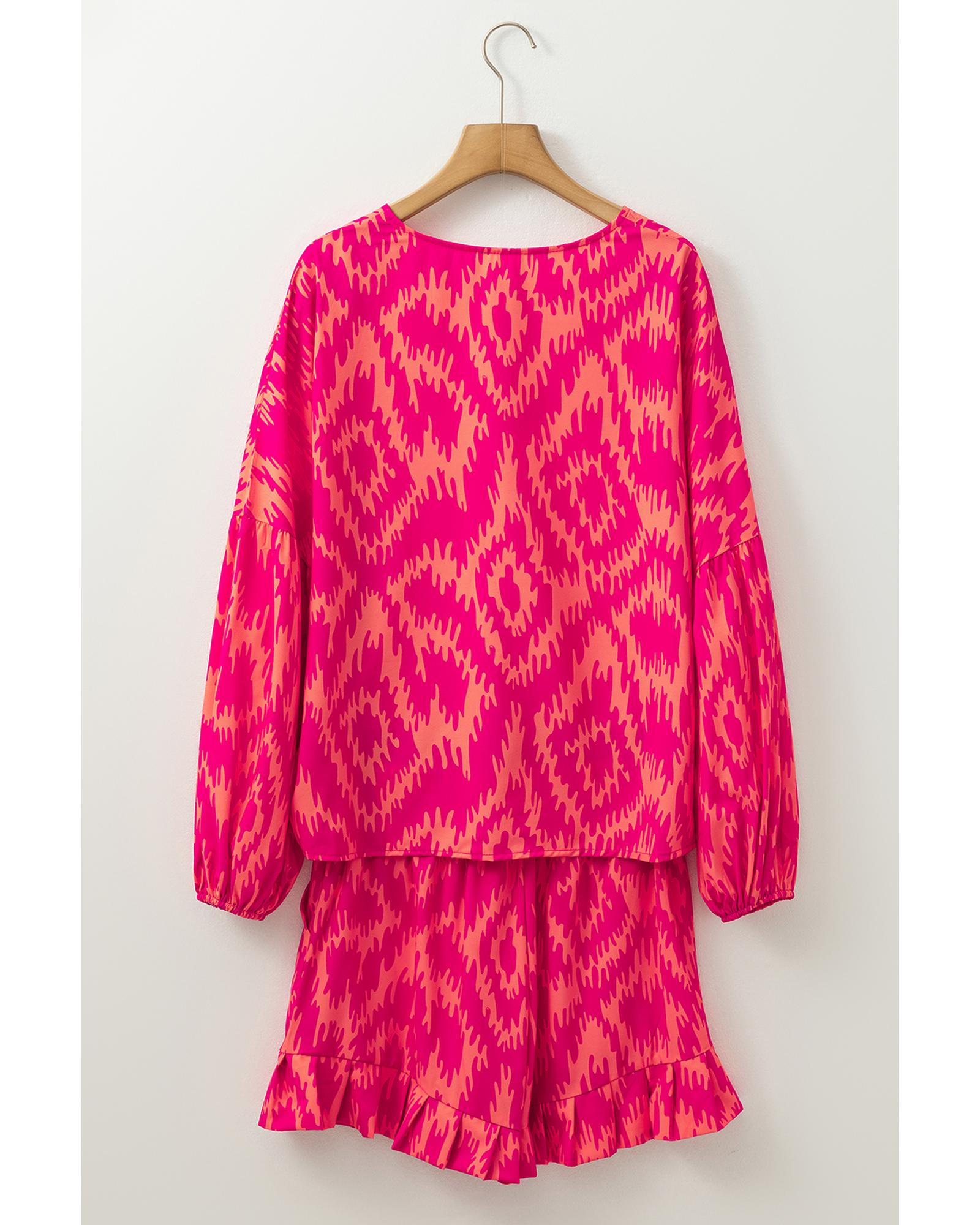 Rose Western Aztec Geometric Print Top and Ruffled Shorts Set - M
