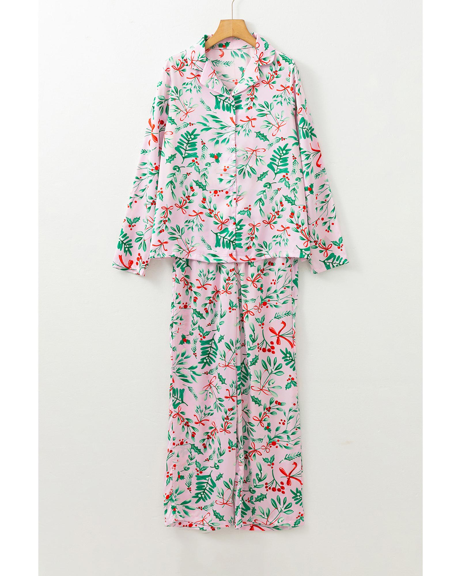 Pink Christmas Berries Plant Print Satin Long Sleeve Pajama Set - L