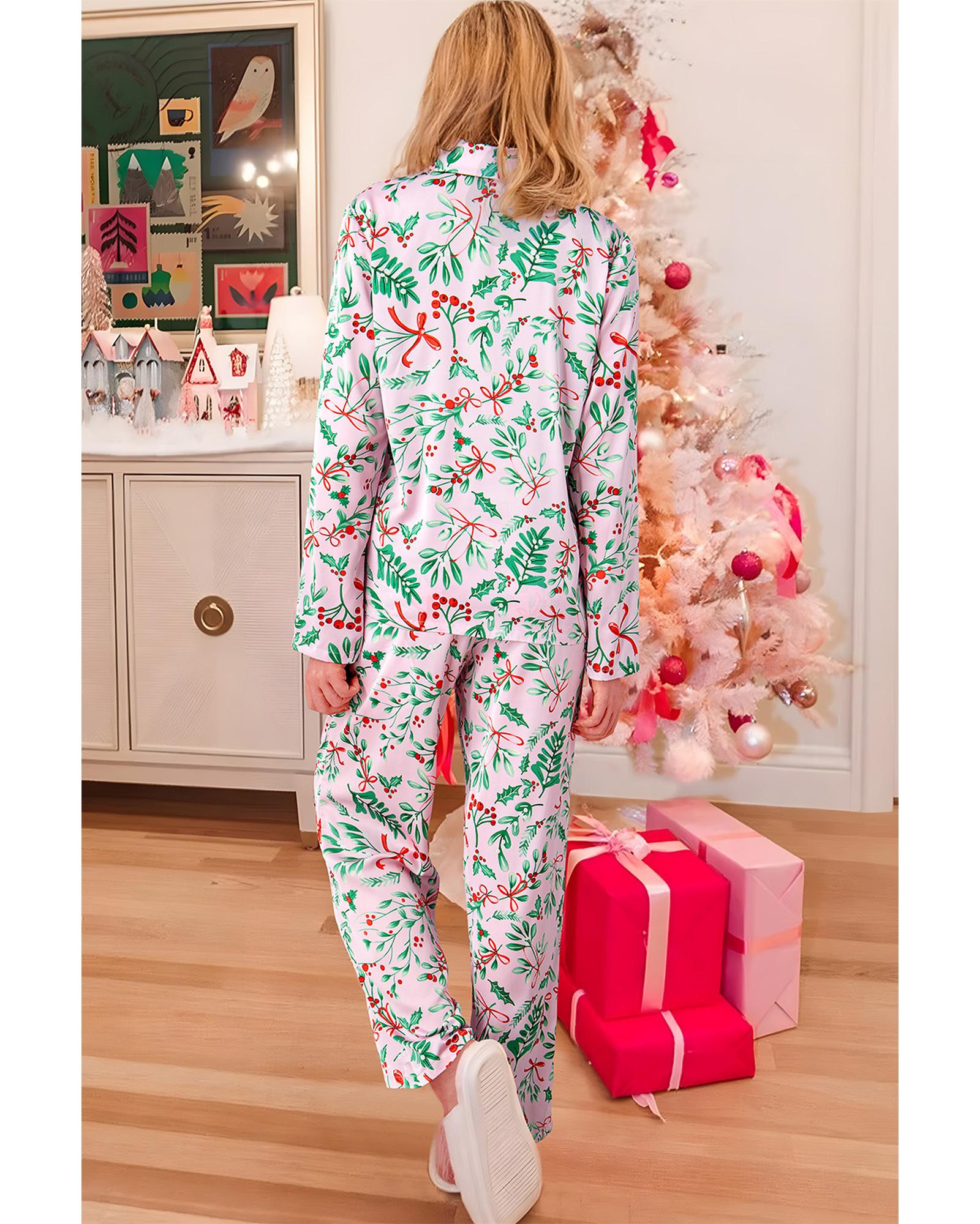 Pink Christmas Berries Plant Print Satin Long Sleeve Pajama Set - M