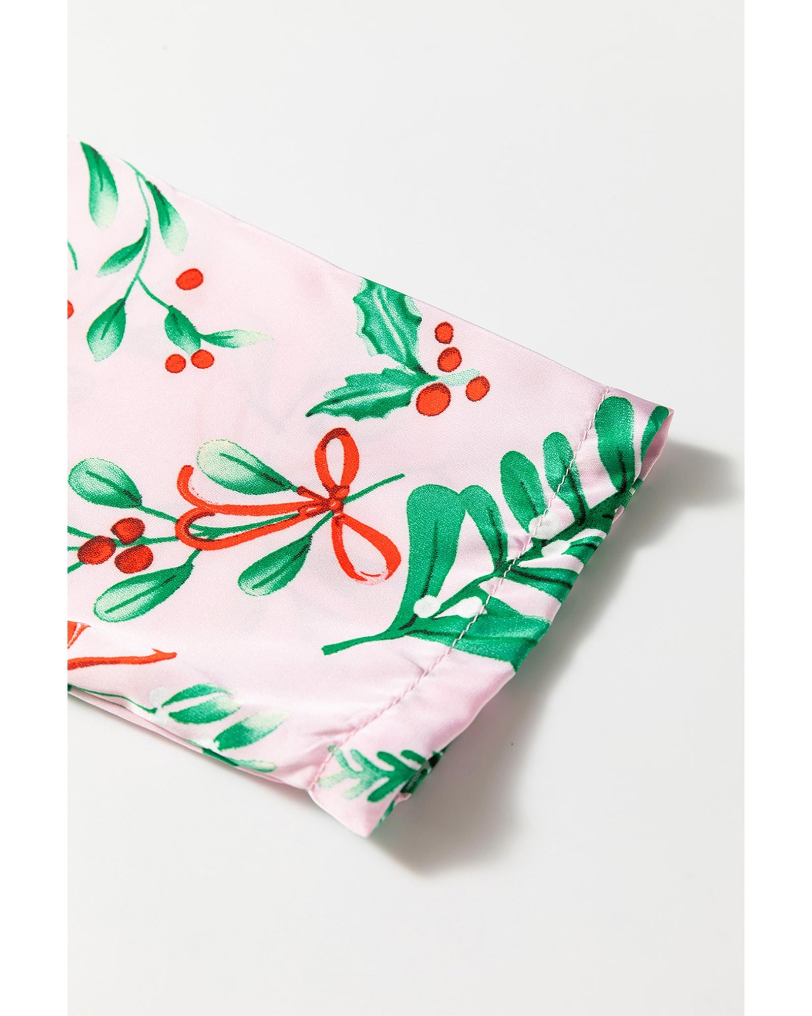 Pink Christmas Berries Plant Print Satin Long Sleeve Pajama Set - M