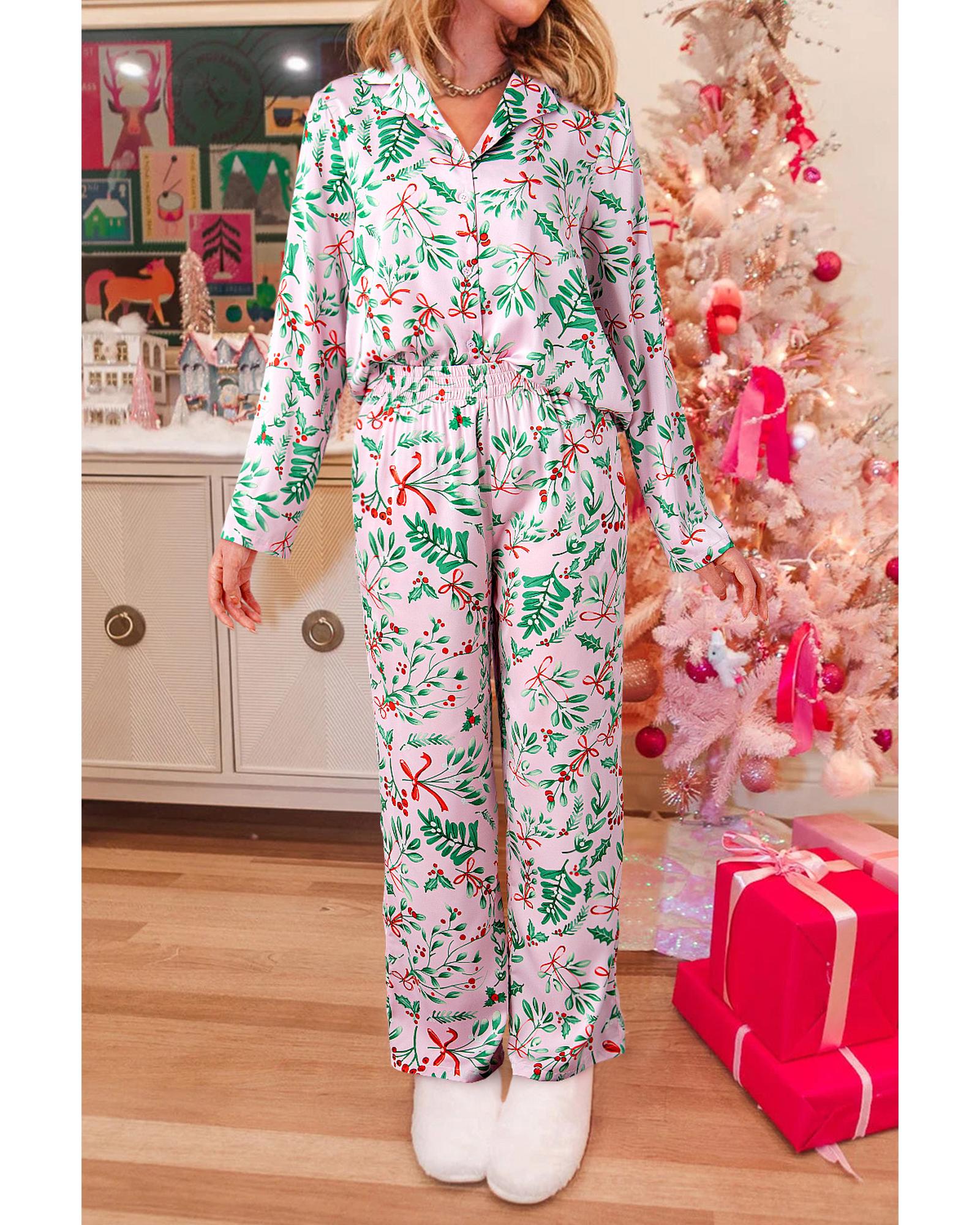 Pink Christmas Berries Plant Print Satin Long Sleeve Pajama Set - M