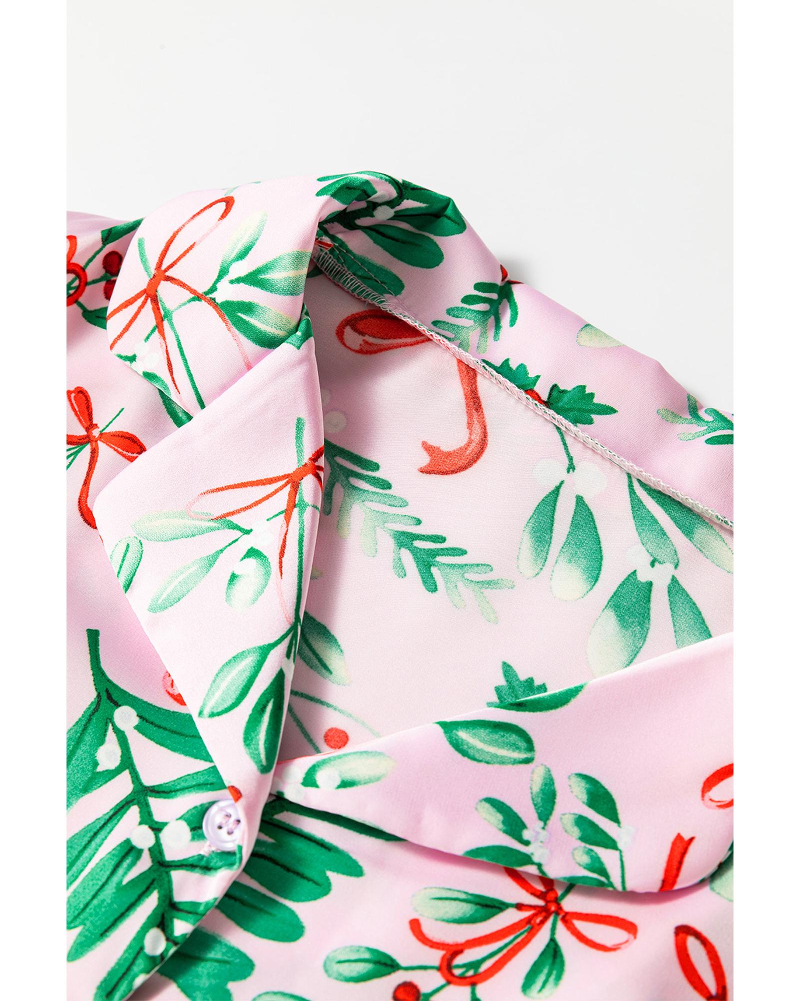 Pink Christmas Berries Plant Print Satin Long Sleeve Pajama Set - M