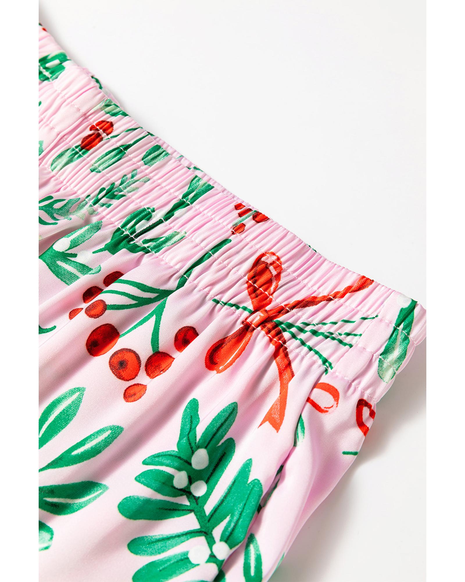 Pink Christmas Berries Plant Print Satin Long Sleeve Pajama Set - S